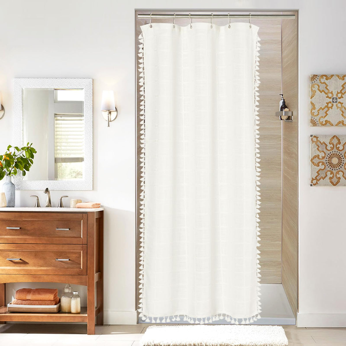 Mitovilla Ivory Boho Shower Curtain With Tassel, Modern Farmhouse Cloth Shower Curtains For Country Bathroom Decor, Thick Cotton