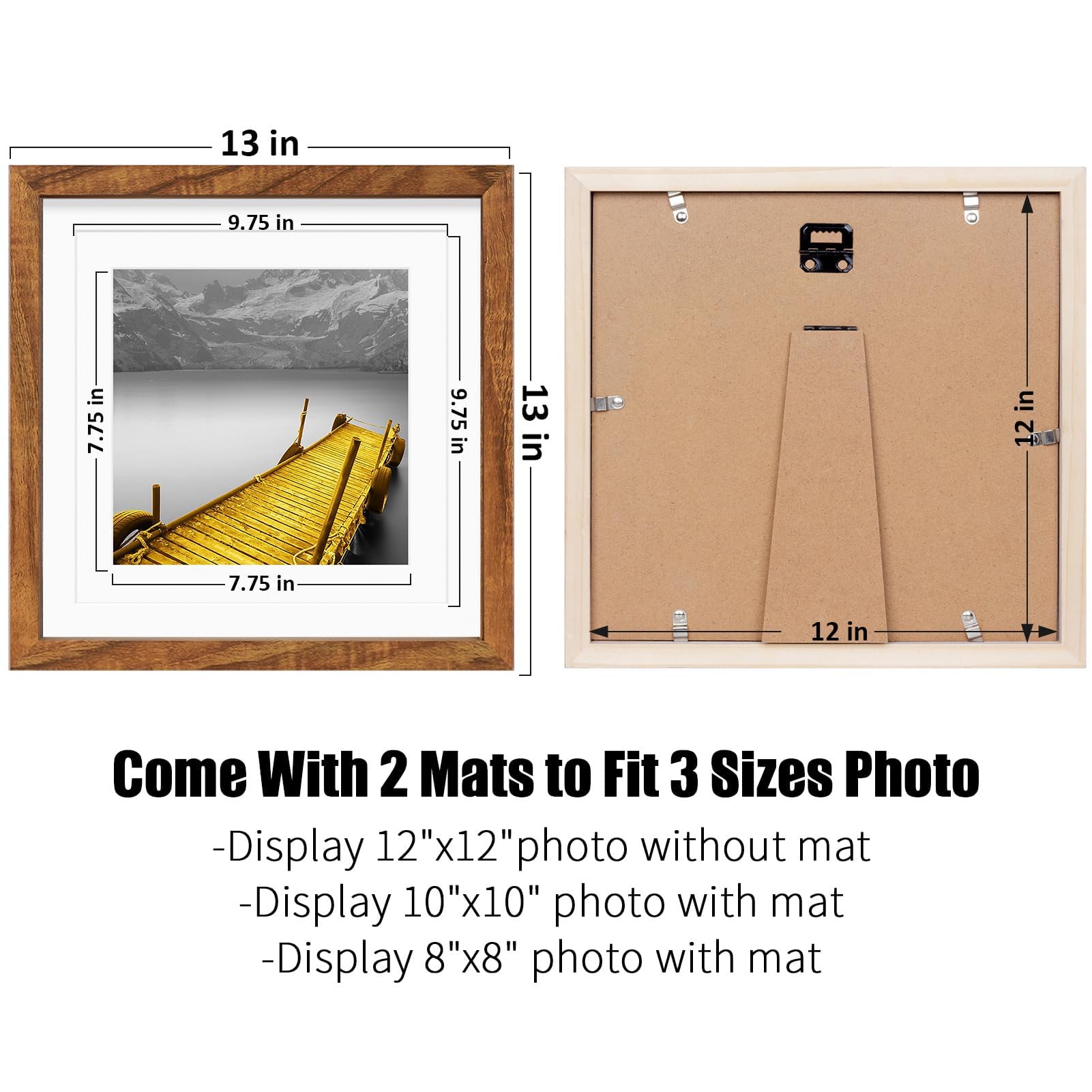 12X12 Picture Frames Solid Wood Display Pictures 10X10 Or 8X8 With Mat Or 12X12 Without Mat - 12X12 Inch Square Photo Frames Wit