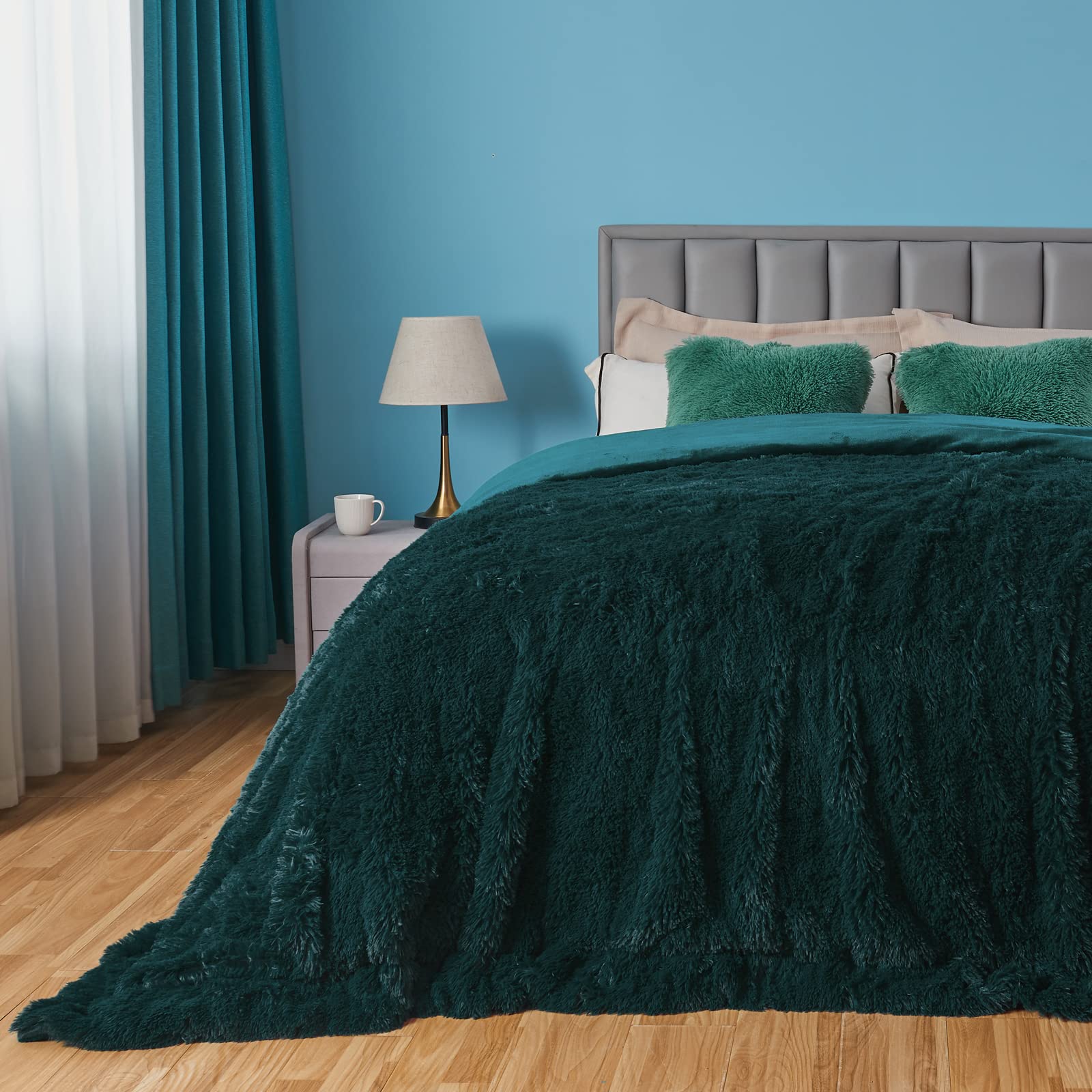 Gonaap Fuzzy Faux Fur Throw Blanket Queen Size Dark Teal Super Soft Cozy Plush Fuzzy Shaggy Blanket For Couch Sofa Bed (Dark Tea