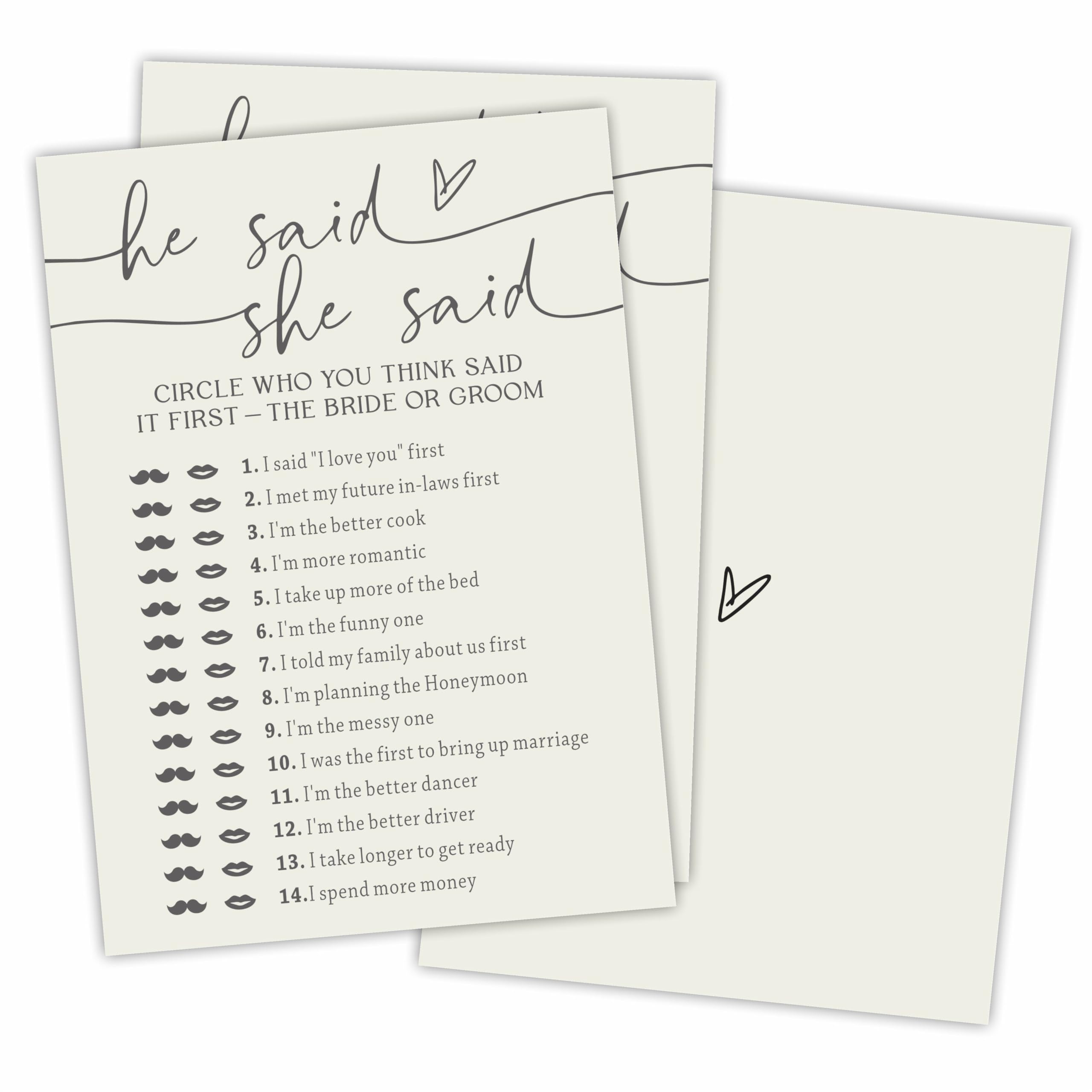 30 Pcs He Said She Said Game Cards For Wedding Party, Minimalism Bridal Shower, Mr & Mrs, Newlyweds, Engagement Party Favor & Su