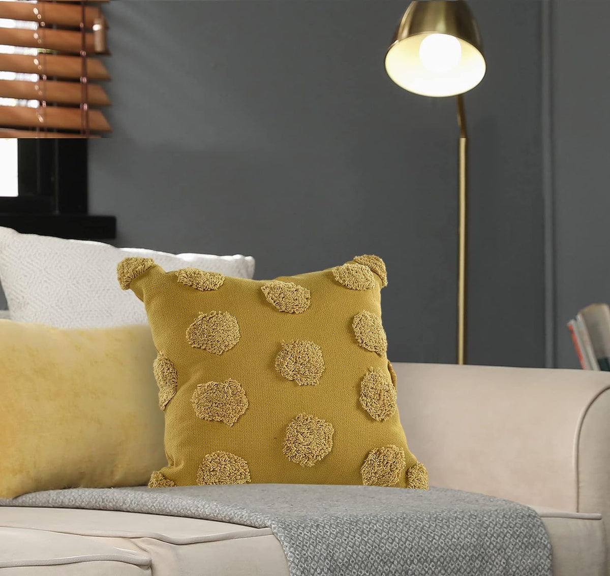 Modern Homes Cotton Yellow Tufted Cushion Covers 16X16 Inch Polka Design (Set Of 2)