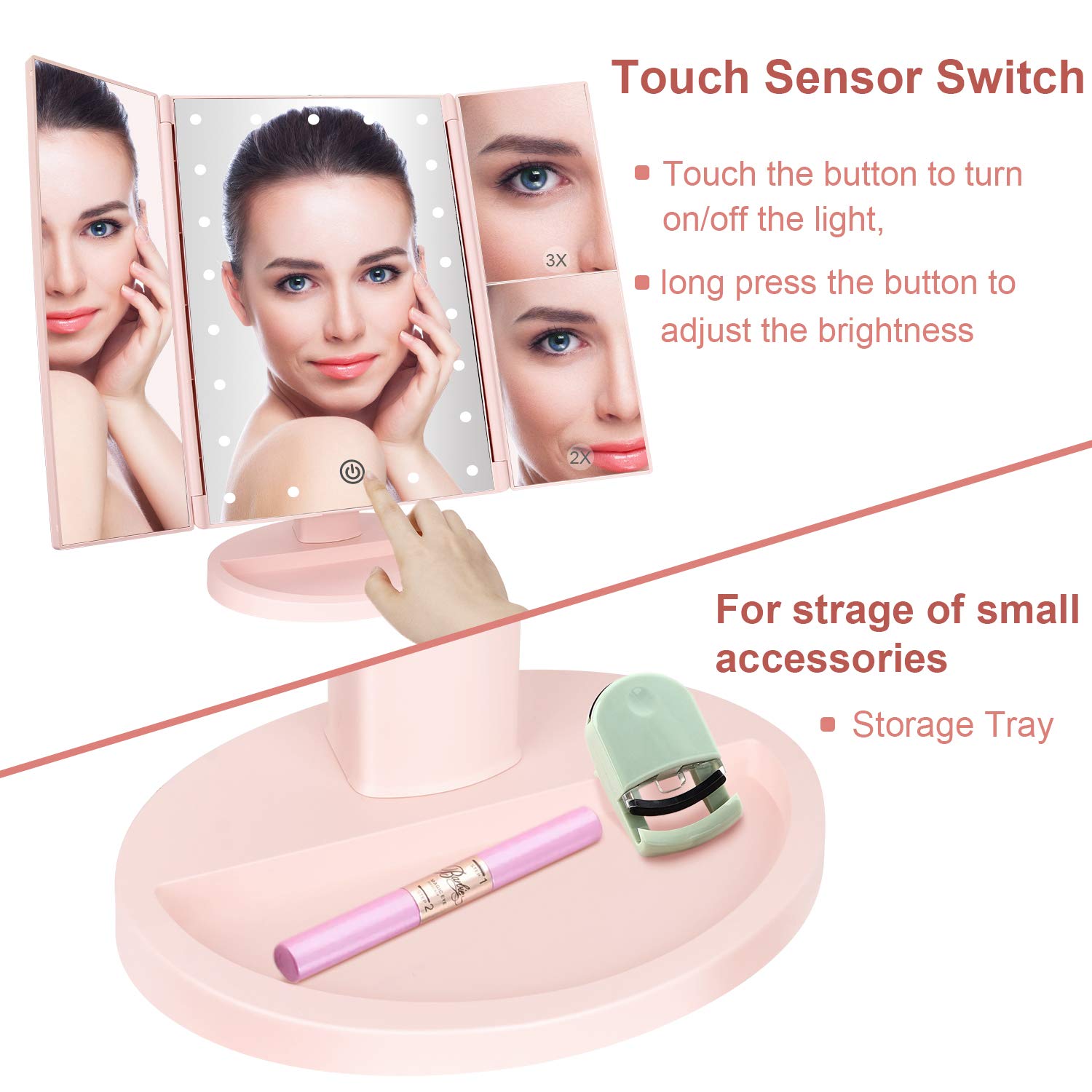 Deweisn Tabletop Mount Tri-Fold Lighted Vanity Mirror With 21 Led Lights, Touch Screen And 3X/2X/1X Magnification, Two Power Sup