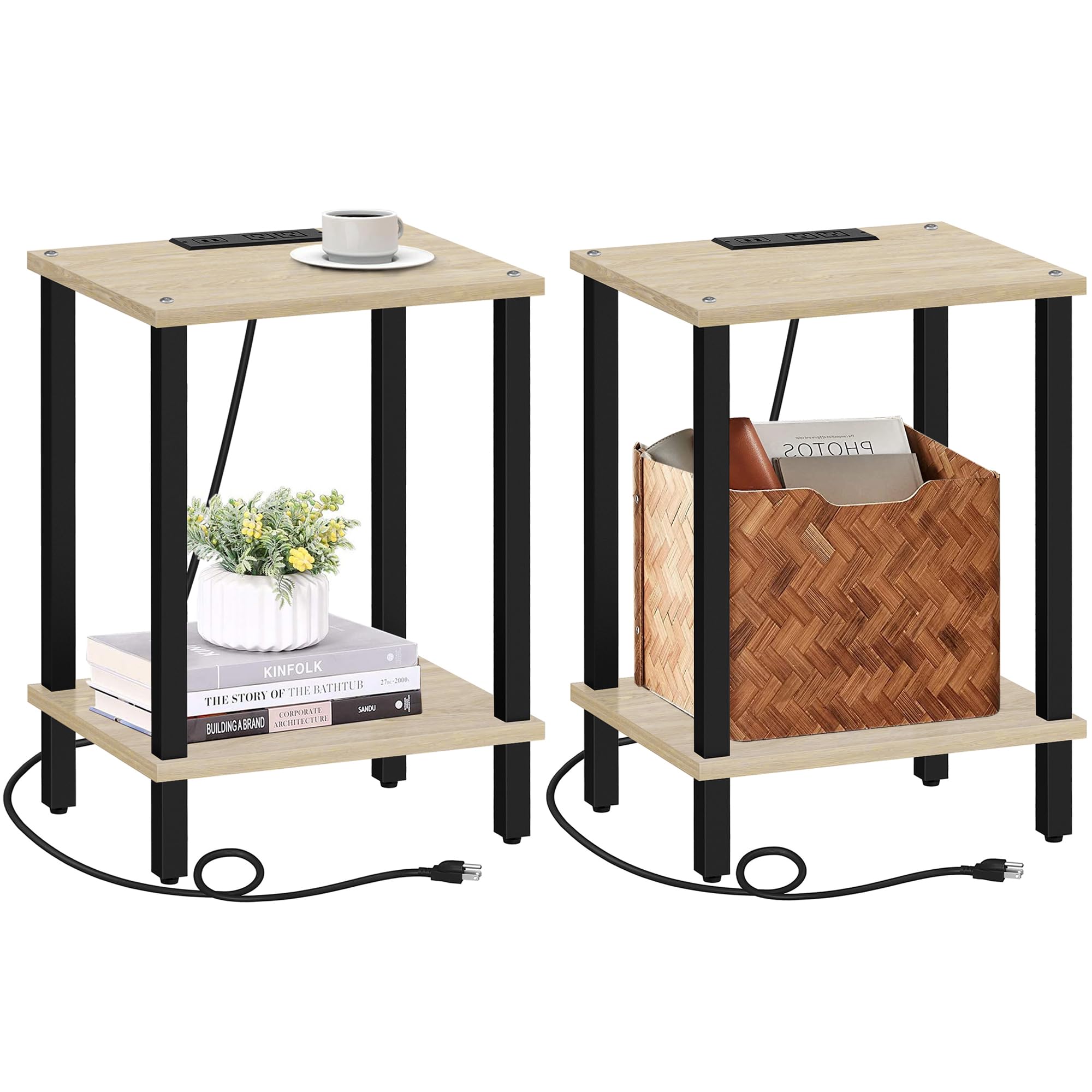 Tutotak End Table With Charging Station, Set Of 2, Side Table With Usb Ports And Outlets, Nightstand, 2-Tier Storage Shelf, Sofa Table For Small Space, Living Room, Bed Room Tb01Bo041