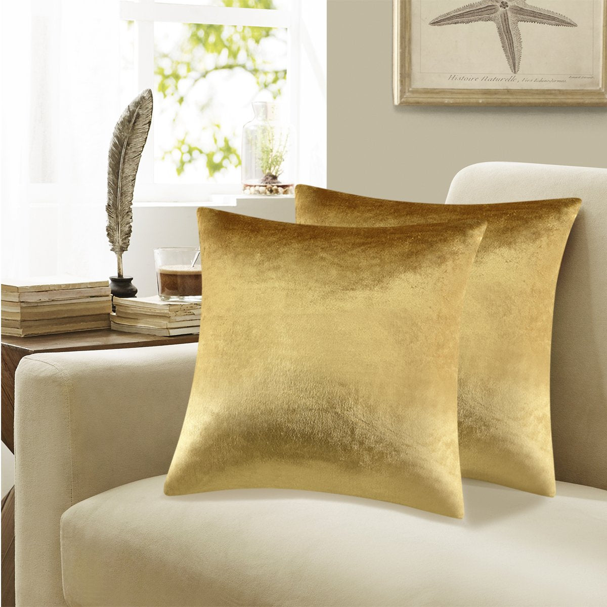 Gigizaza Decorative Throw Pillow Covers 26X26Inch,Set Of 2 Gold Square Couch Pillow Covers,Velvet Sofa Boho Cushion Pillows