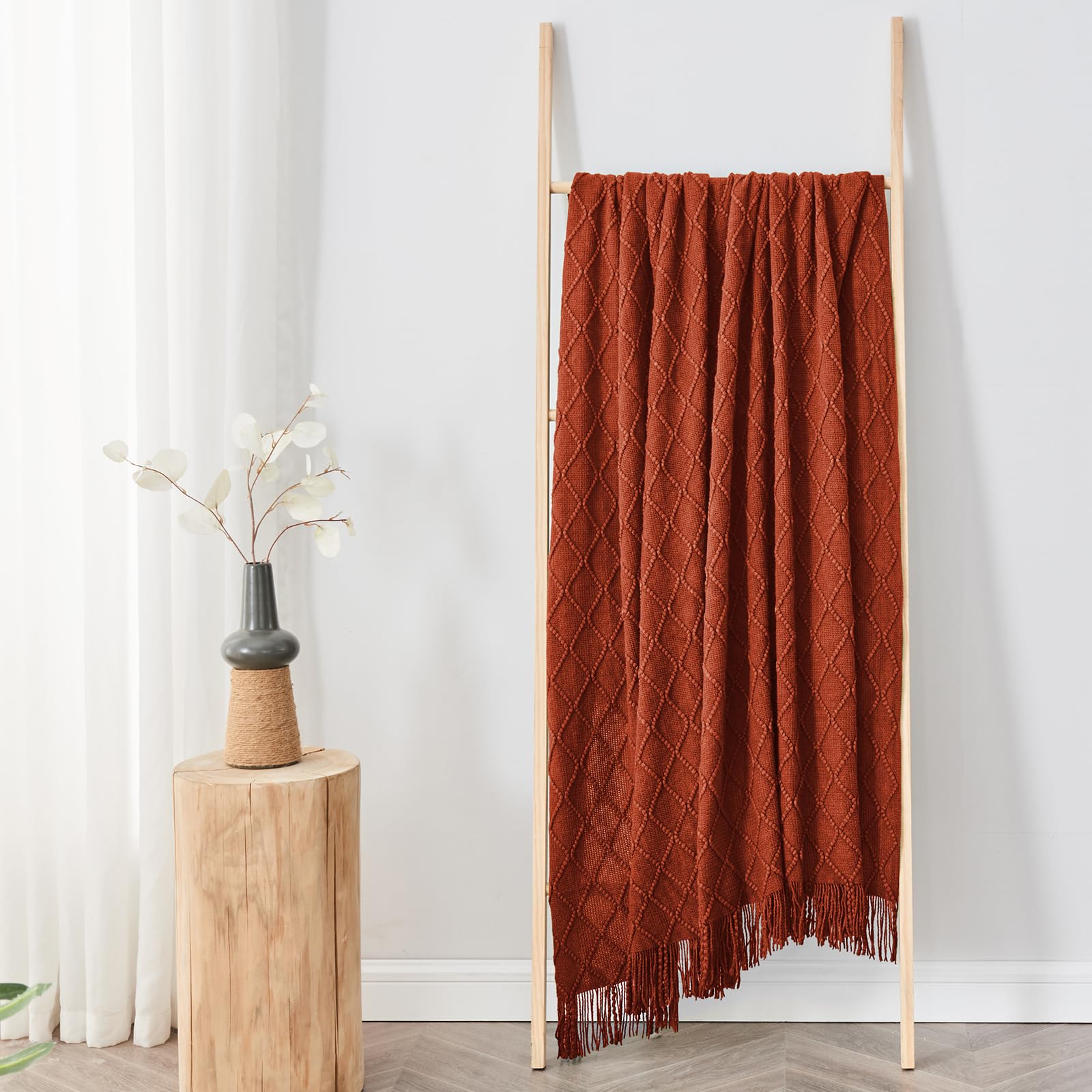 Inhand Knitted Throw Blankets For Couch And Bed, Soft Cozy Knit Blanket With Tassel, Orange Rust Lightweight Decorative Blankets
