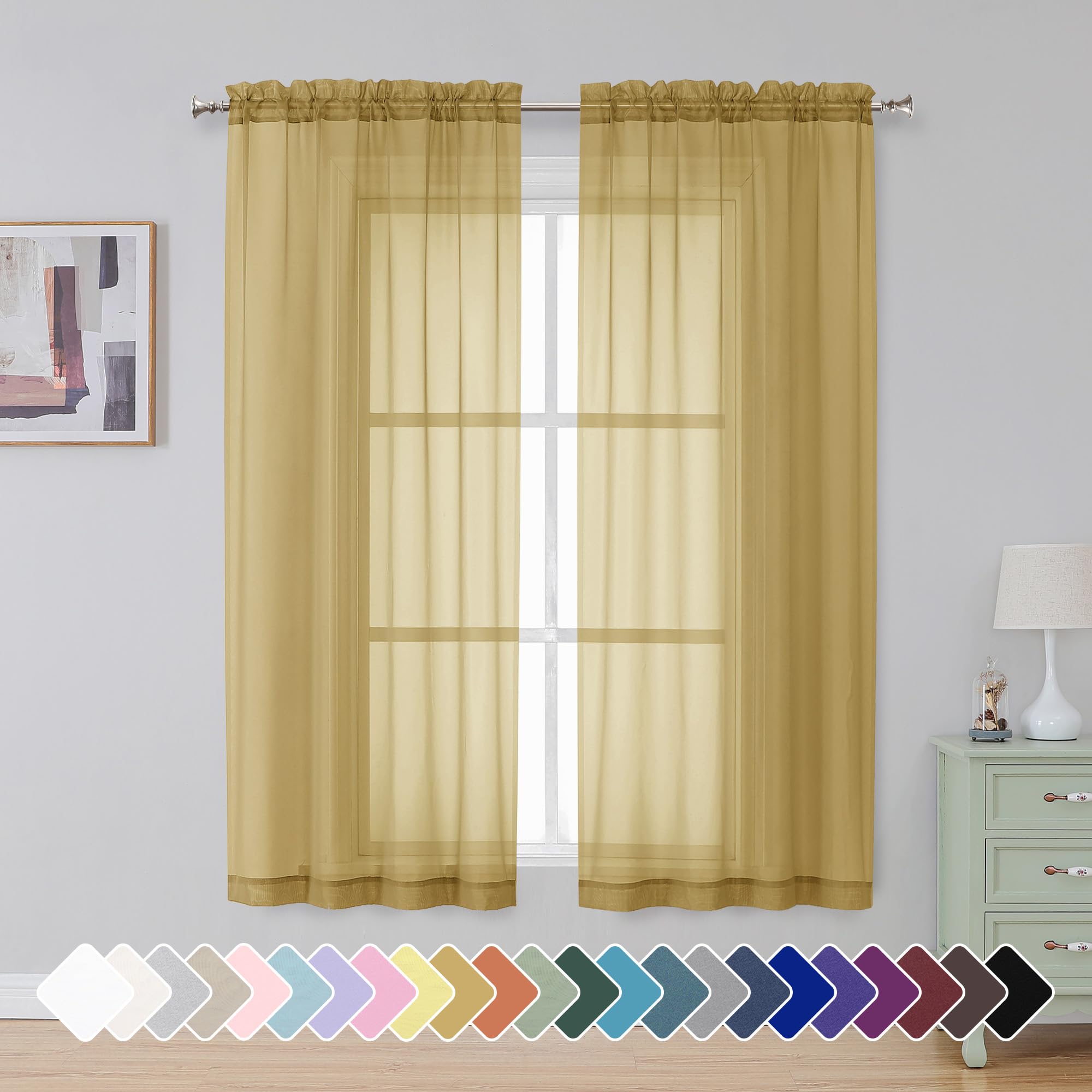 Simplebrand Gold Sheer Curtains 63 Inch Length 2 Panels, Rod Pocket Solid Color Window Sheer Curtain Panels, Elegant Curtains &