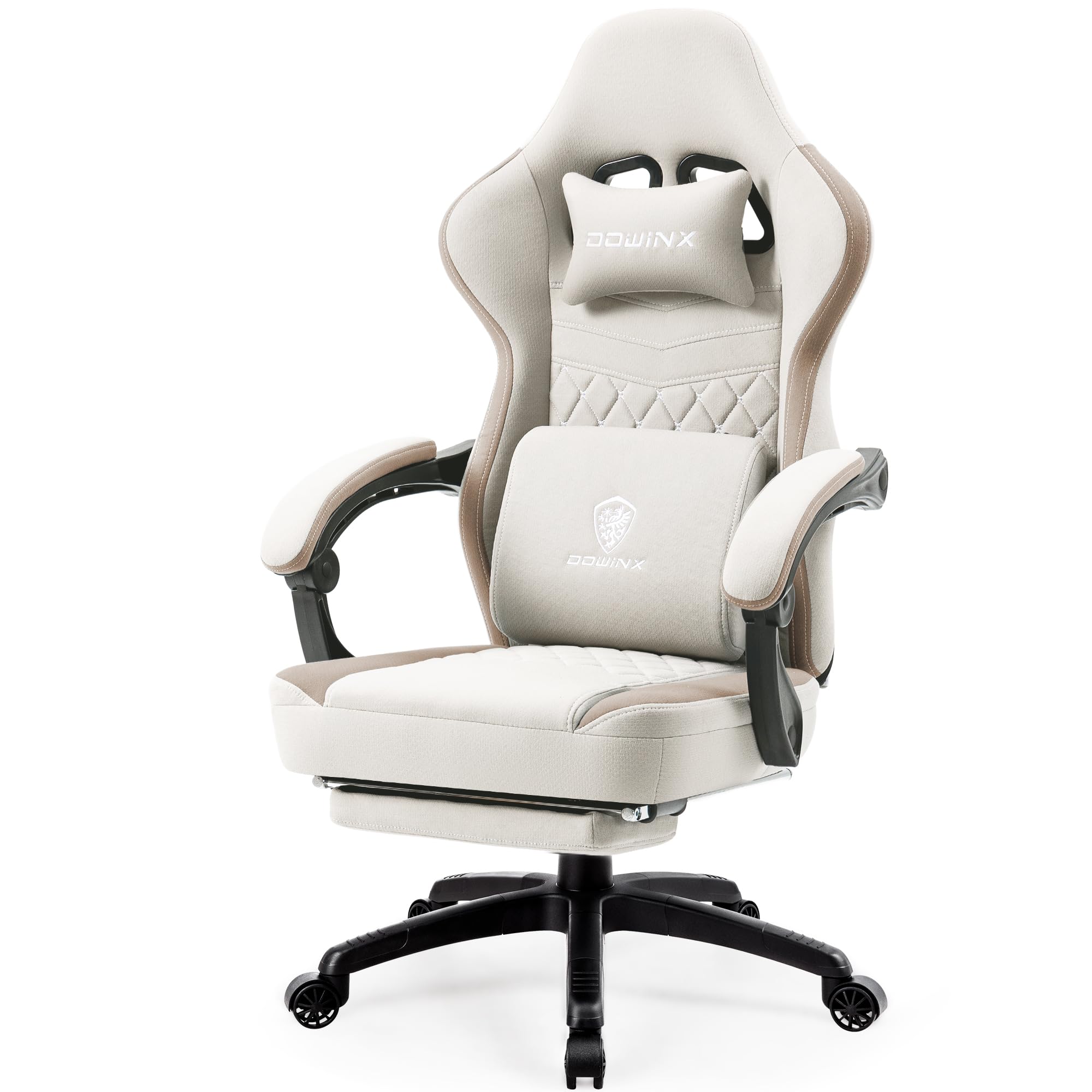 Dowinx Gaming Chair Breathable Fabric Computer Chair With Pocket Spring Cushion, Comfortable Office Chair With Gel Pad And Storage Bag,Massage Game Chair With Footrest,Beige