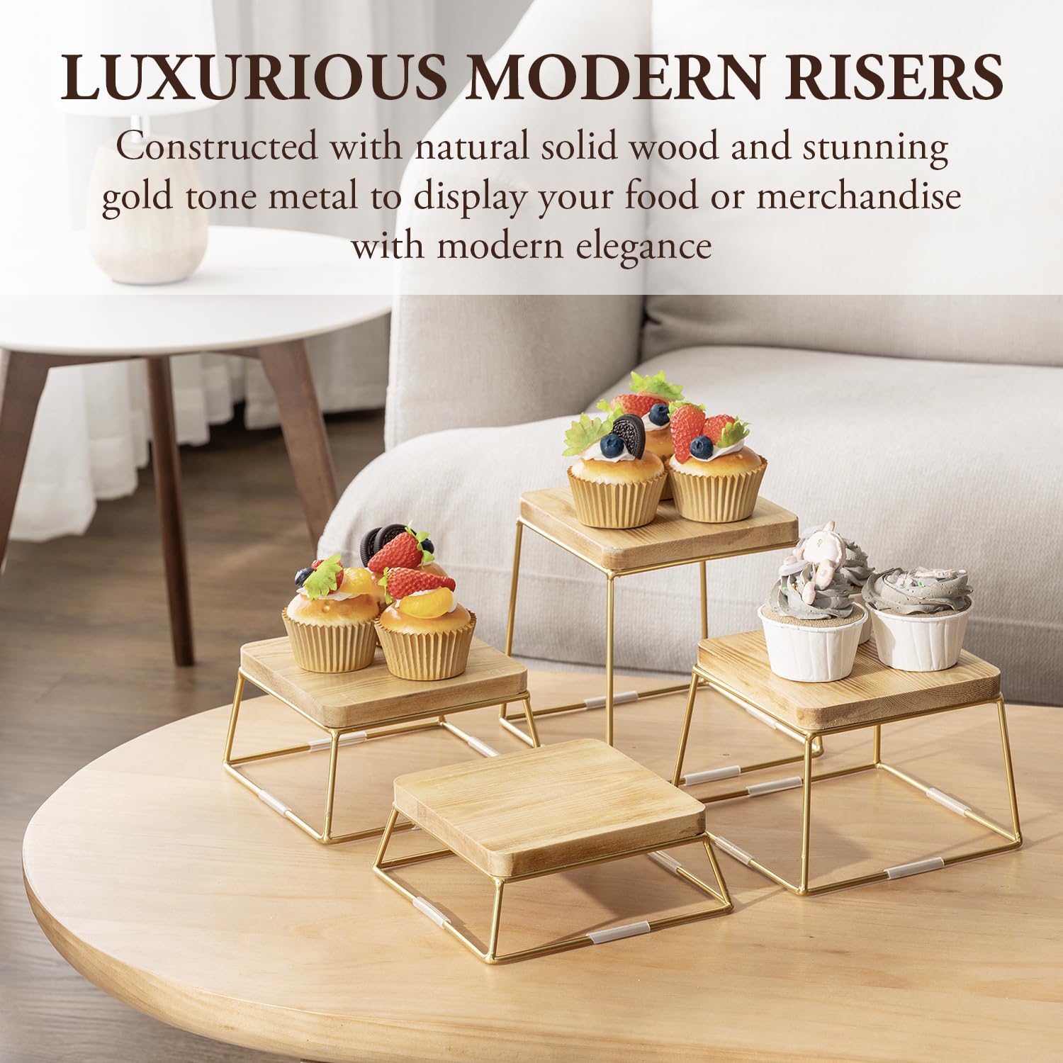 Mygift 6 Inch Square Burnt Natural Solid Wood And Gold Tone Metal Wire Cupcake Dessert Risers, Tabletop Pizza Food Serving Stand