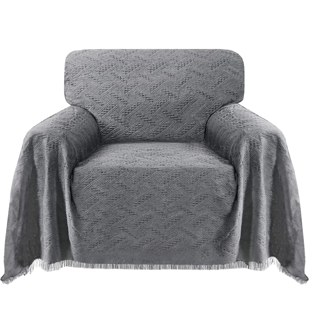 Turquoize Cotton Mixed Medium Blanket (71'X 91', Grey) - Geometrical Woven Jacquard Fabric, Durable, Machine Washable, For Sofa,