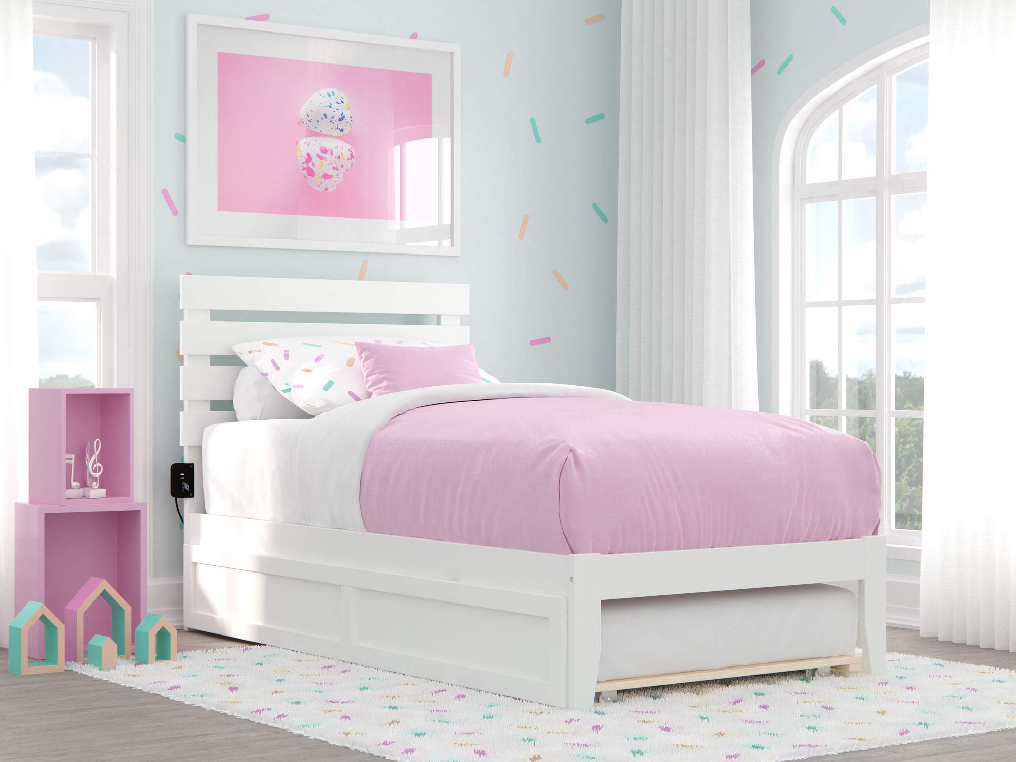 AFI, Oxford Platform Bed, Twin with Twin Trundle and Attachable USB Charger, White