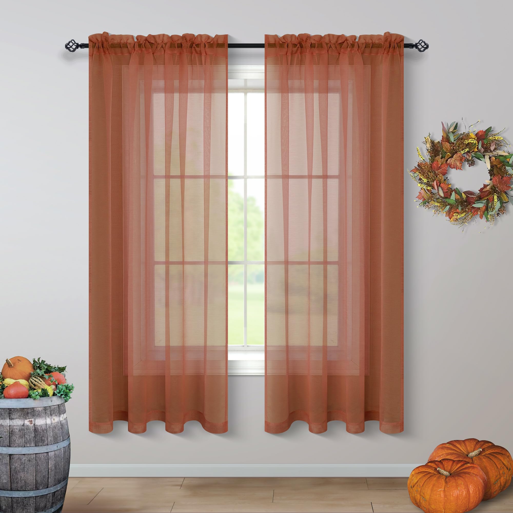 Terracotta Curtains 72 Inch Length for Living Room 2 Panel Sets Rod Pocket Sheer Curtains for Living Room Rust Burnt Orange Red 