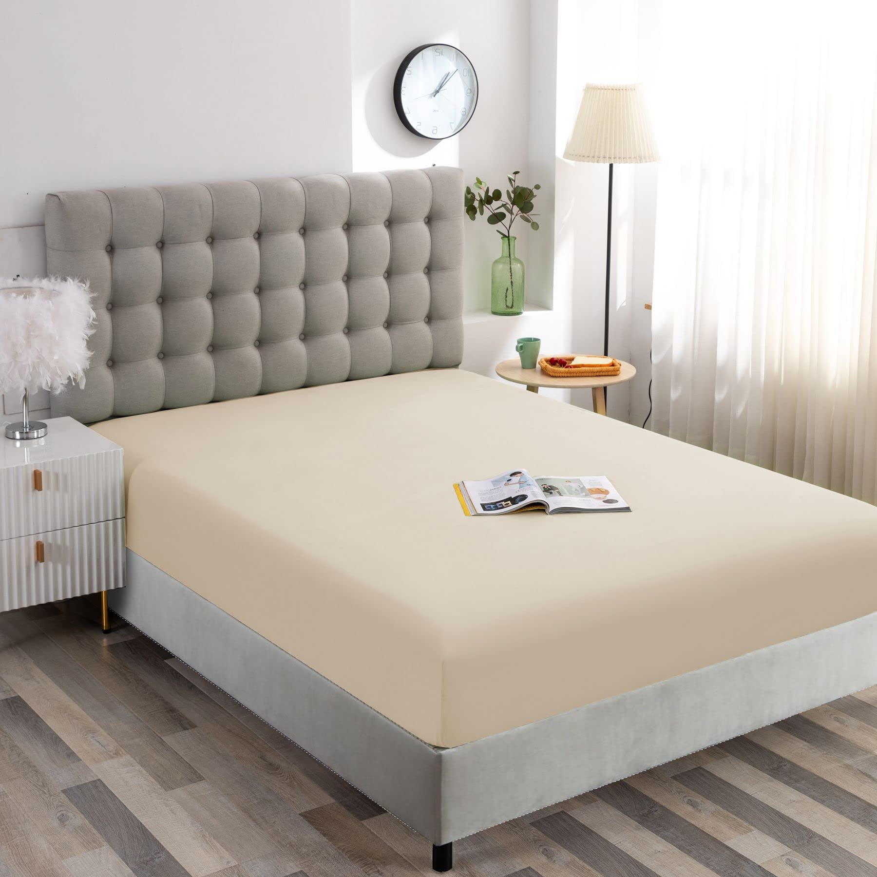 Ghooss Beige Full Fitted Sheet-Soft Microfiber Bottom Sheet For Bed-Deep Pocket Up To 14 Inche-Wrinkle Free And Stay In Place-1