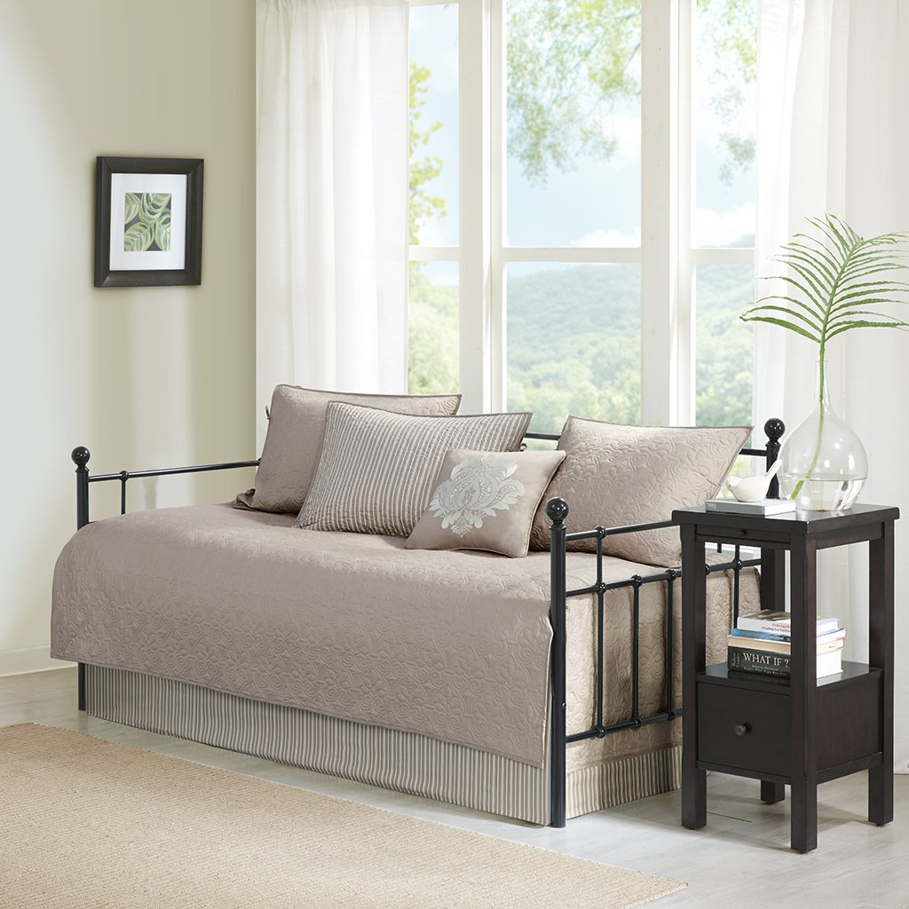 Madison Park Cotton Daybed Cover Set-Double Sided Quilting Classic Cottage Design All Season Bedding With Bedskirt, Matching Shams, Decorative Pillow, 39'X75', Quebec Khaki 6 Piece