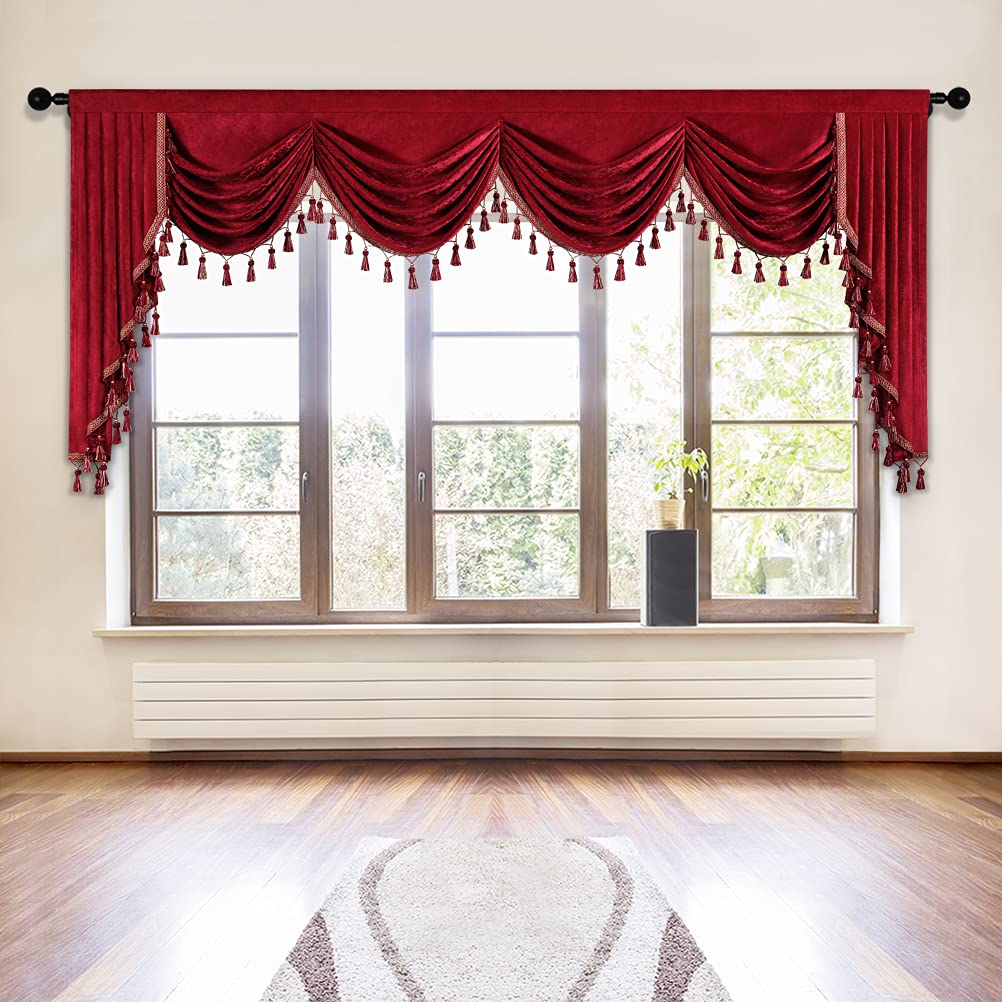 Elkca Burgundy Red Valance For Festival Holiday,Thick Chenille Window Curtains Valance For Living Room,Rod Pocket(W118,1 Panel)