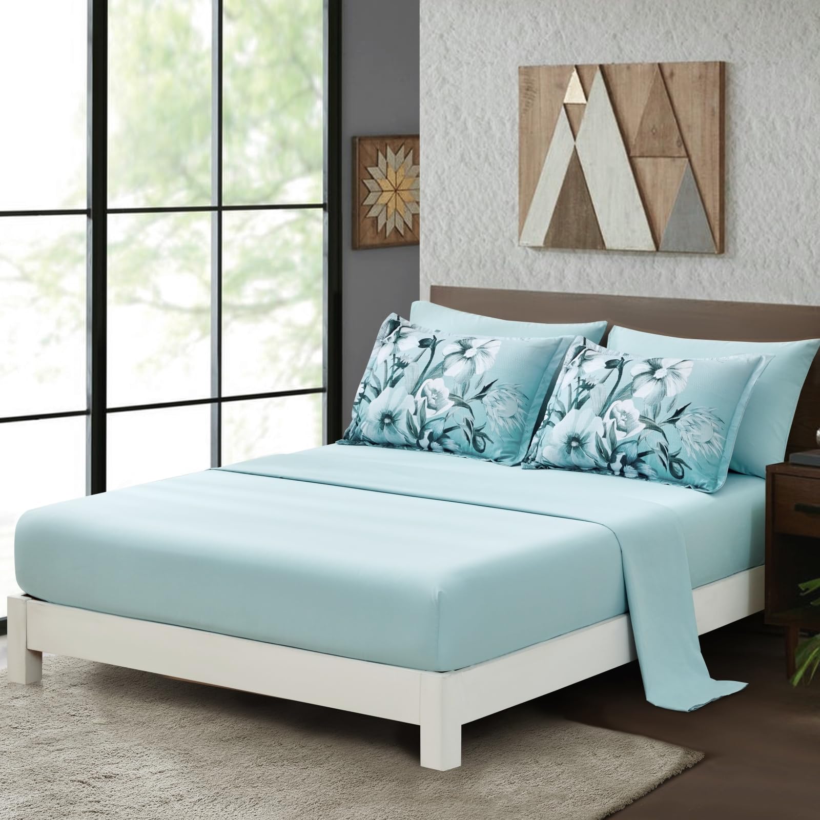 Luxudecor Floral Comforter Set King Size 7 Piece, Aqua Flower Bed In A Bag, Elegant Gradient Floral Comforter With Sheet Set, So