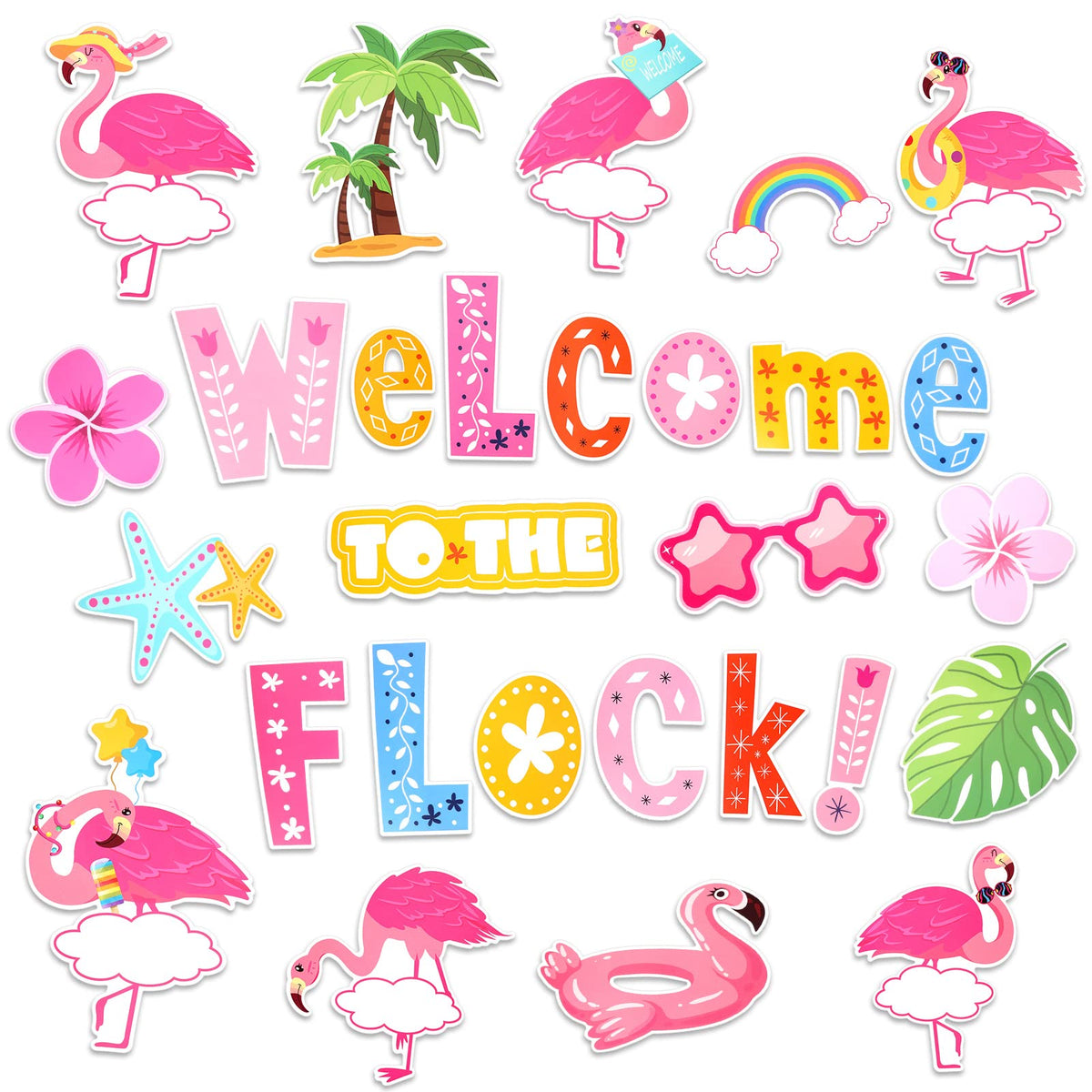 Howaf 56Pcs Flamingo Cutouts, Hawaii Flamingo Themed Welcome Paper Cut Outs With Dot Glues For School Classroom Bulletin Board D
