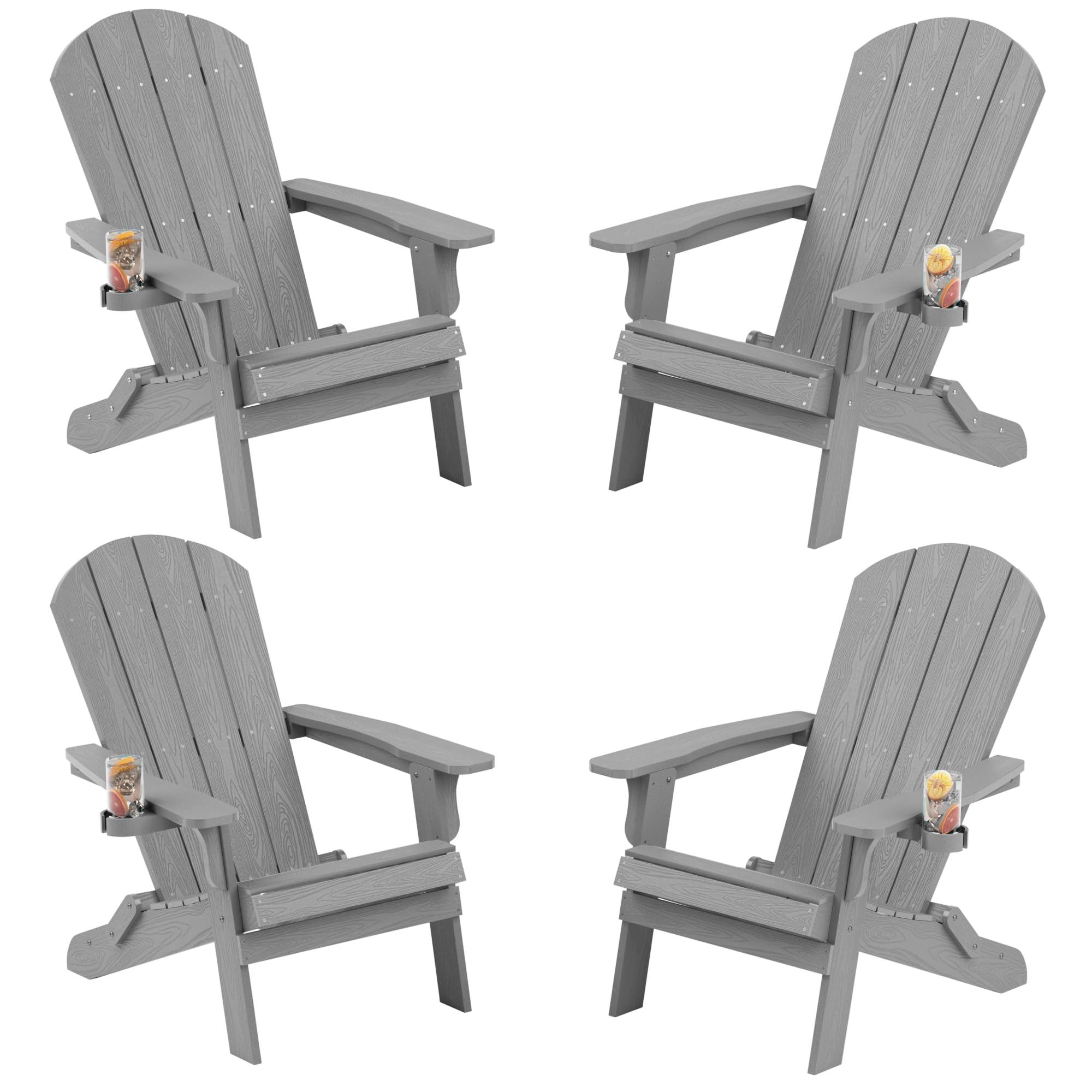 Yefu Adirondack Chair, Foldable Oversized Plastic Adirondack Chair Set Of 4 With Cup Holder, Patio Chair With Weather Resistant For Outside Deck Lawn, Weight Capacity Up To 400 Lbs –Grey
