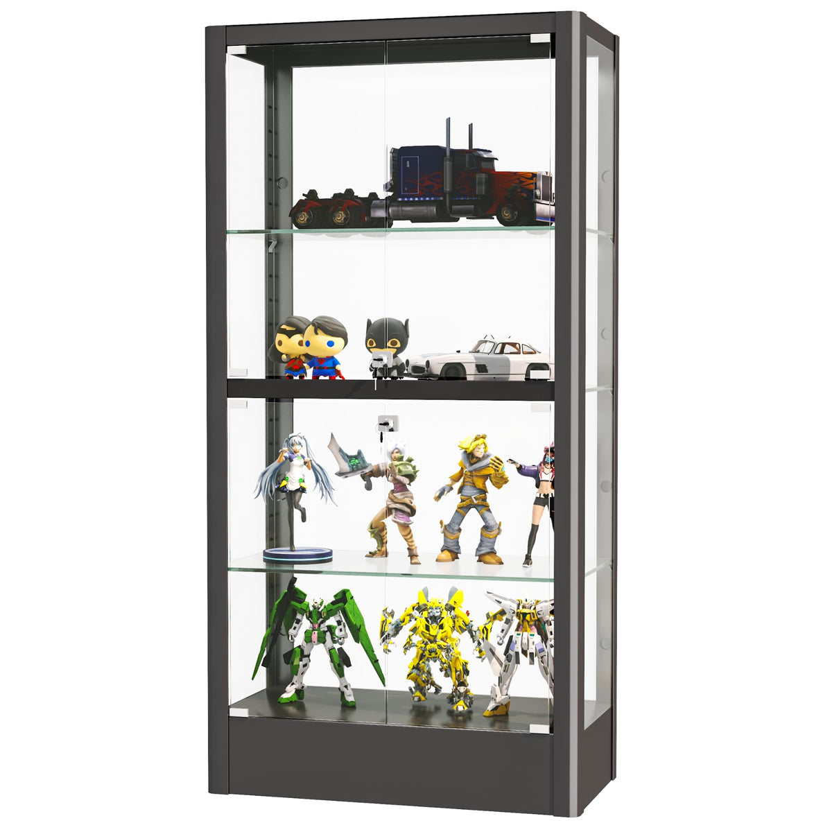 Glass Display Cabinet, Four Height Adjustable Collections Cabinet, Double Door Safety Lock, Suitable For Living Room, Bedroom An