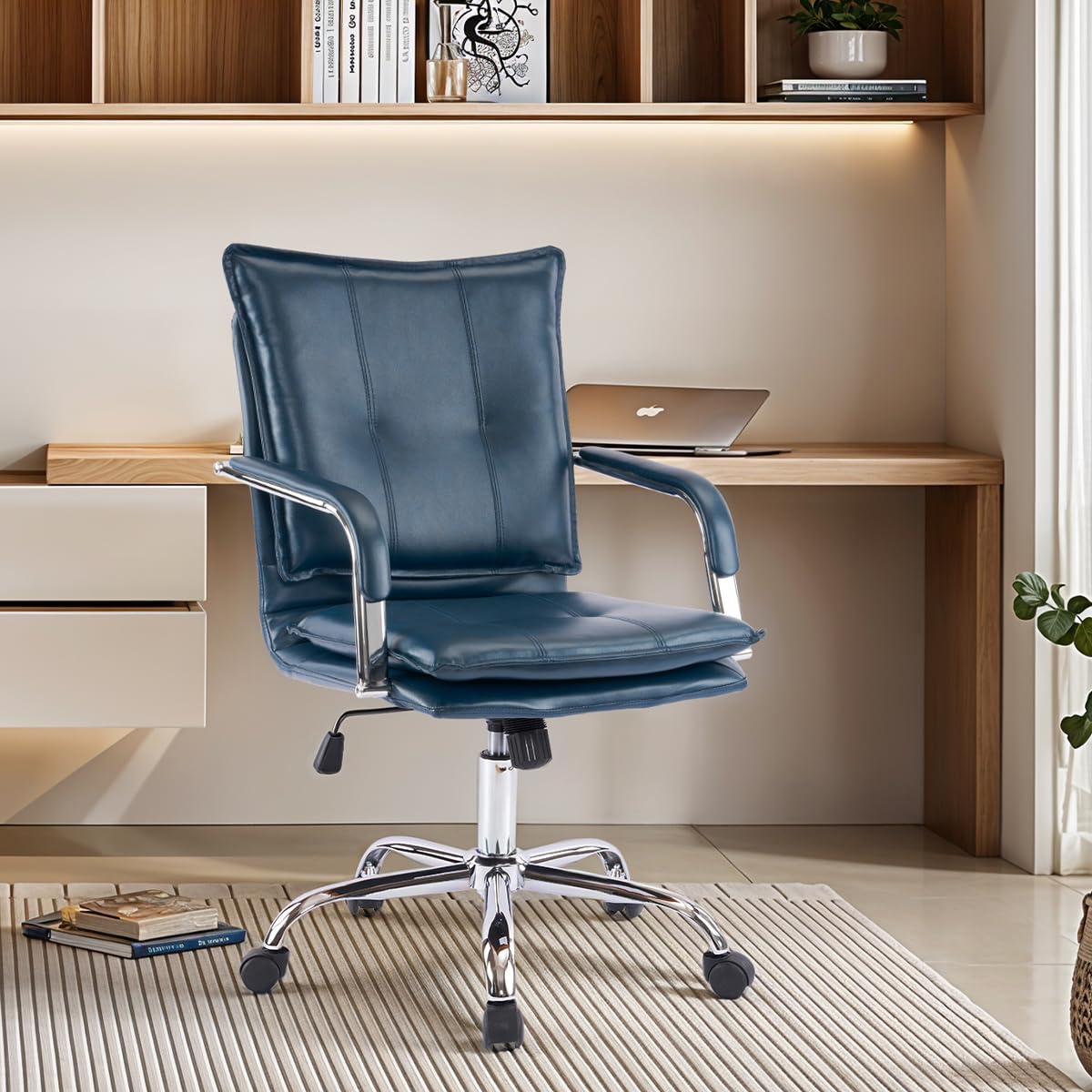 Mid-Back Ergonomic Leather Office Chair, Modern Upholstered Executive Desk Chair With Gold Frame Armrest Computer Task Chair (Da