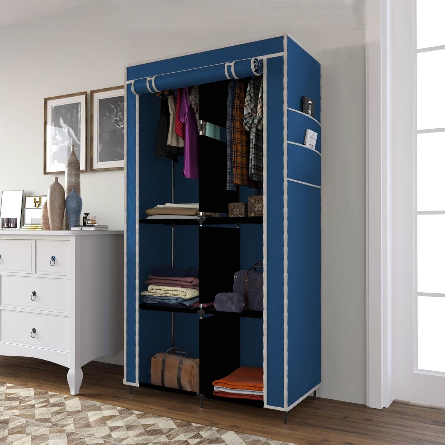 Gtc Collapsible Wardrobe Closet For Clothes Almira, 2 Hanging Space, 6 Shelves, 1 Side Pocket NonWoven Fabric 77003 (Blue)