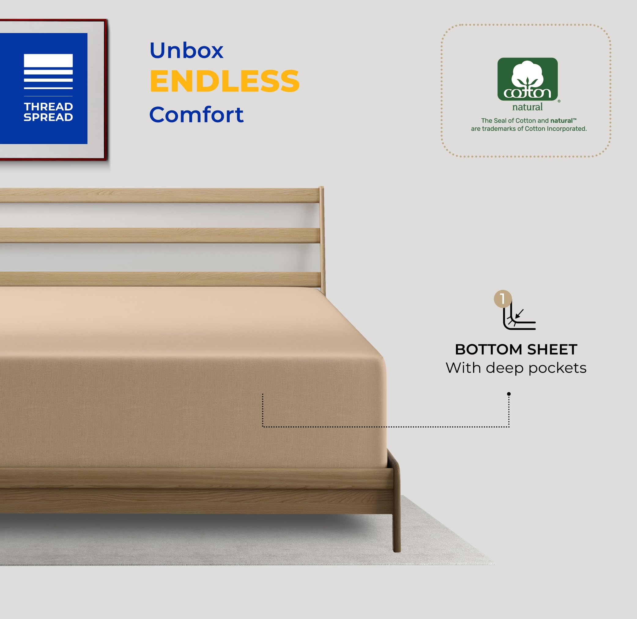 Thread Spread 100% Cotton Queen Fitted Sheet Only - 600 Thread Count Cotton Fitted Sheet Queen, Luxuriously Soft, Durable, Cooling 16' Deep Pocket Sateen Weave Bottom, Luxury Hotel Quality - Taupe