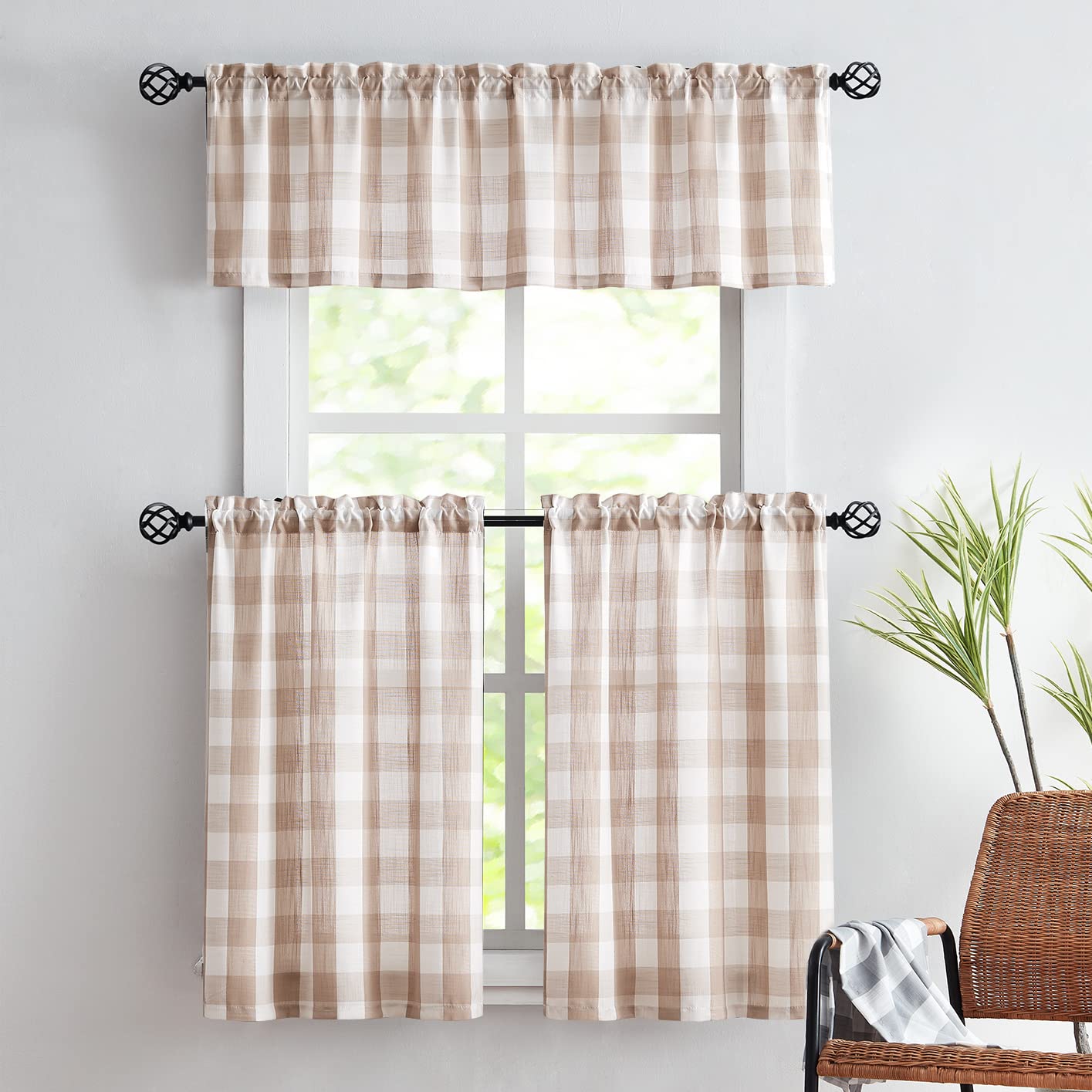 Treatmentex Plaid Country Kitchen Curtains 24Inch Taupe Tier Curtain Set For Basement Laundry Small Windows Semi Sheer Bathroom