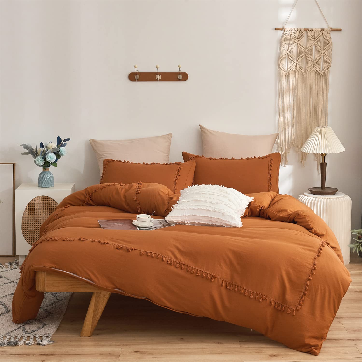 Terracotta Orange Boho Chic Bedding,King Tufted Tassel Fringe Farmhouse Duvet Cover,Solid Color,100% Washed Microfiber,Lightweig