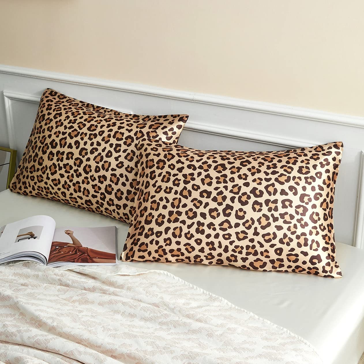Lcbd Satin Pillowcase For Hair And Skin, Gold Leopard Printed Pillow Cases Set Of 2, Standard Size Silk Satin Pillow Covers For