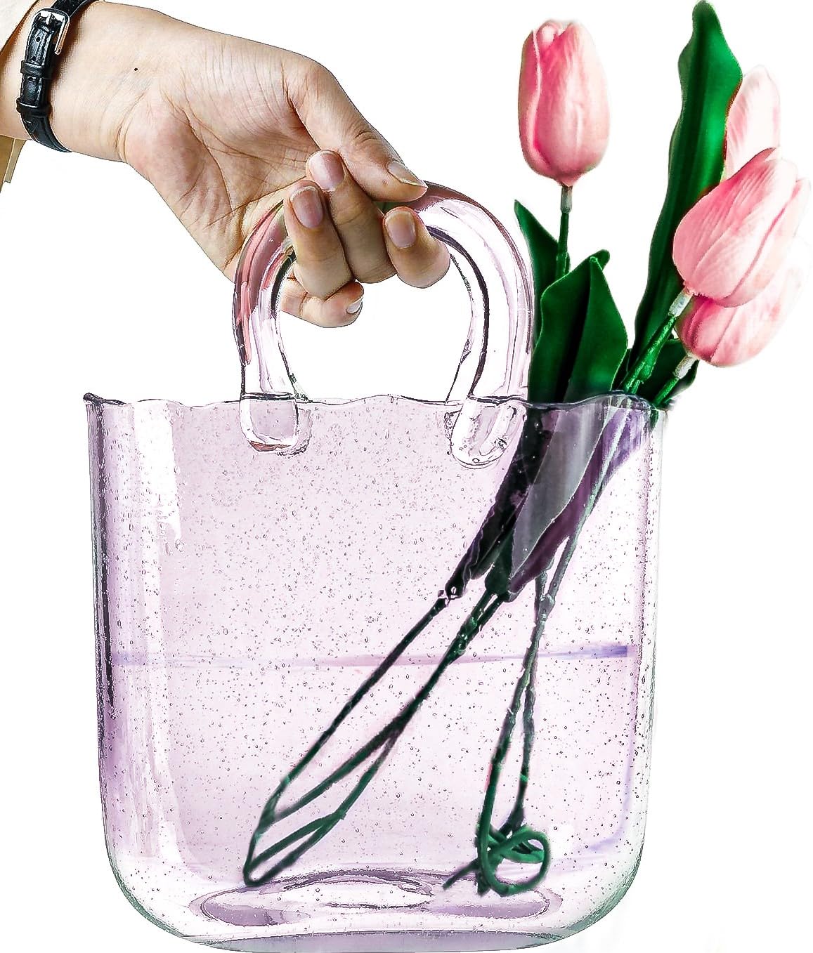 OLEEK purse vase for flowers (handmade) Glass Purse for Drinks -10 in- Clear, cool & cute vase for centerpieces & Fish bowl - ha