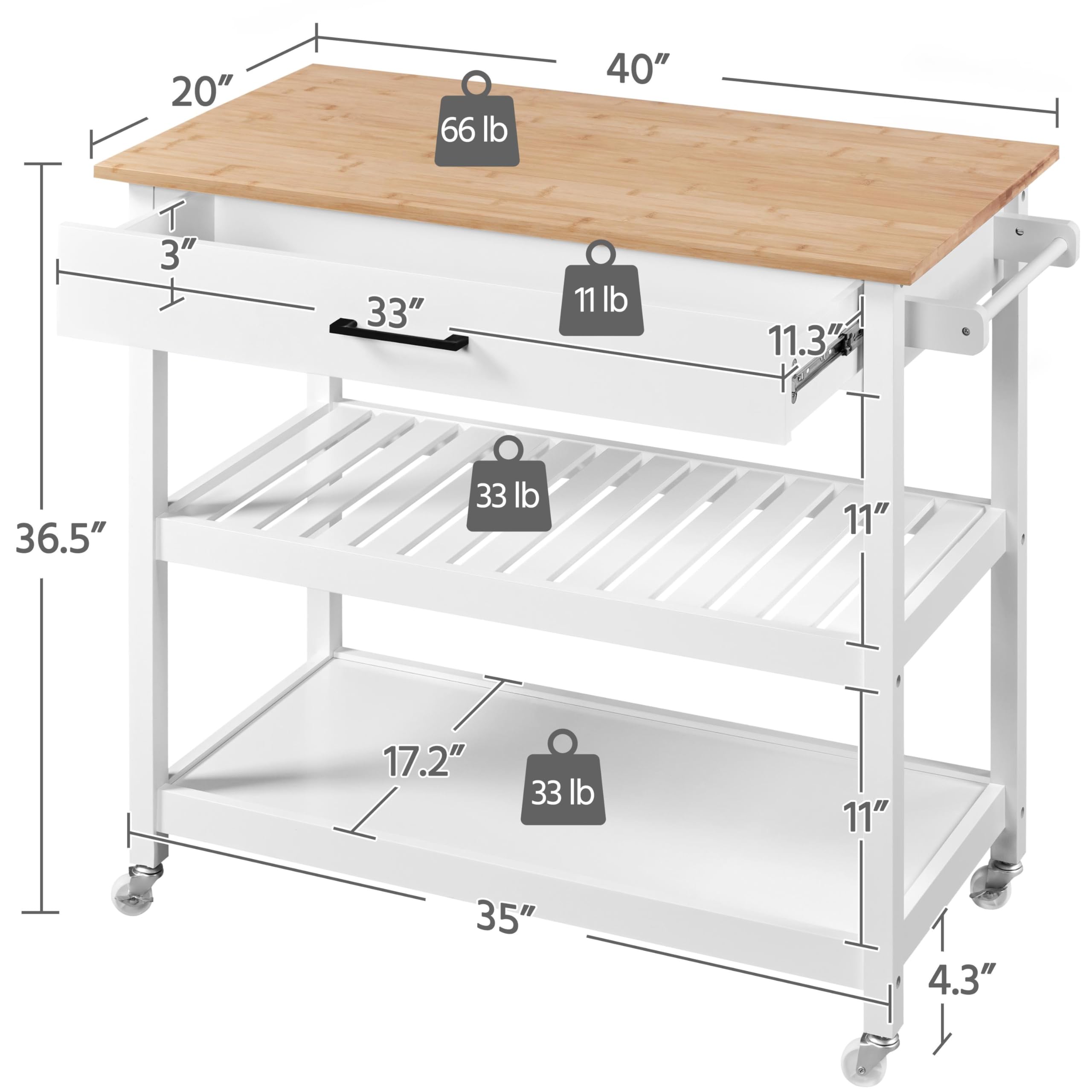 Yaheetech 40' Width Kitchen Island Cart On Wheels, 3 Tiers Rolling Utility Cart With Solid Wood Top And Drawer & 2 Spacious Storage Shelf, Serving Trolley For Dining Room, White