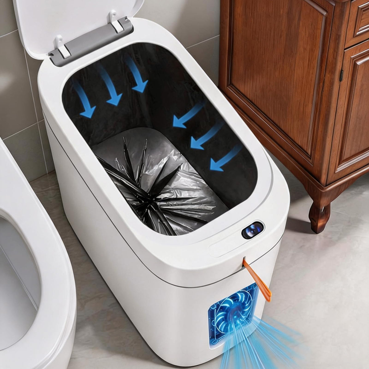 3.5 Gallon Automatic Bathroom Trash Can with Lid, Small Slim Smart Motion Sensor Garbage Bin with Auto Bag Suction & OnePull Se
