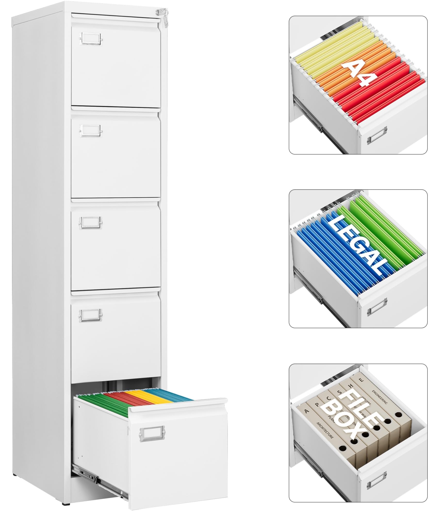 SISESOL 5 Drawer File Cabinet with Lock,Tall Vertical File Cabinet Five Drawer,15 Narrow Office Filing Cabinets,White Metal File