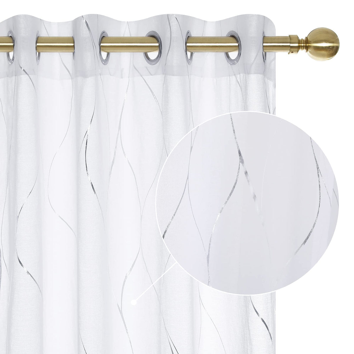 Deconovo White Sheer Curtains - Grommet Silver Foil Printed, Wave Pattern And Linen Look Voile Drapes, 52W X 84L In, 2 Panels