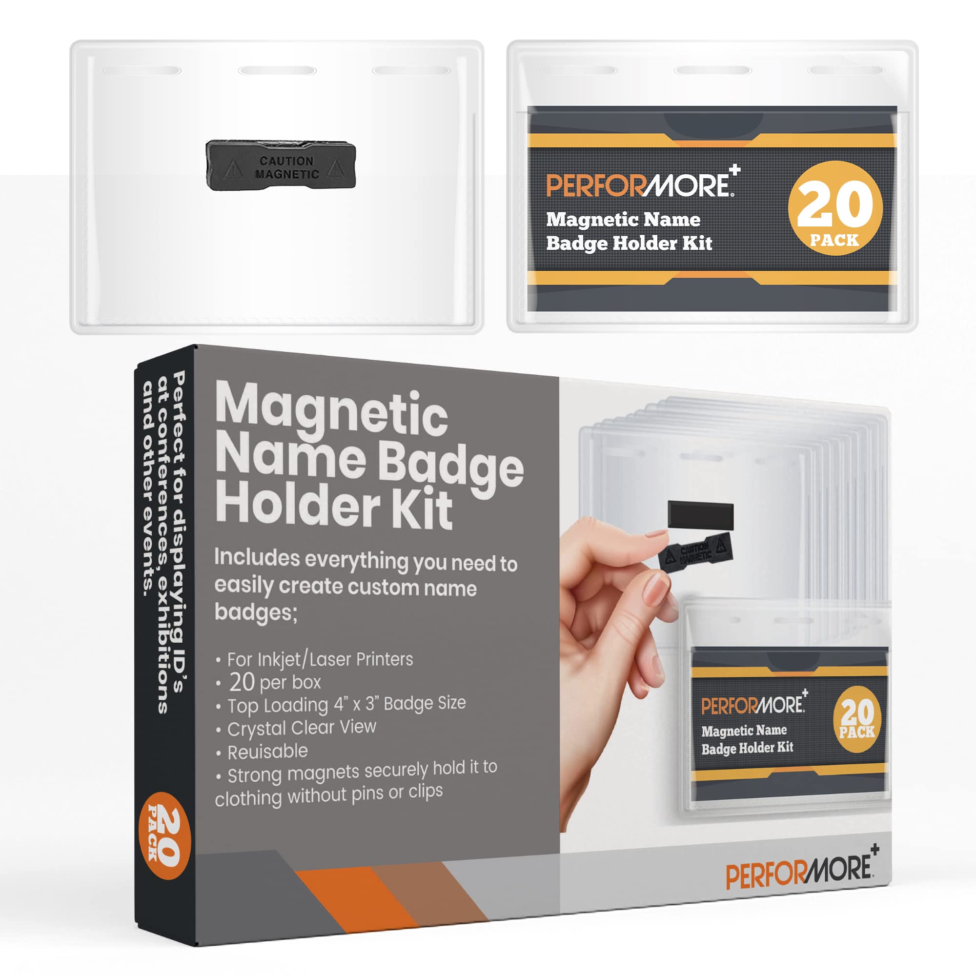Office Werks 20 Pack Of Magnetic Name Badge Holder Kit, 4X3 Inch Horizontal Id Card Name Tag For Conventions, Exhibitors, Events