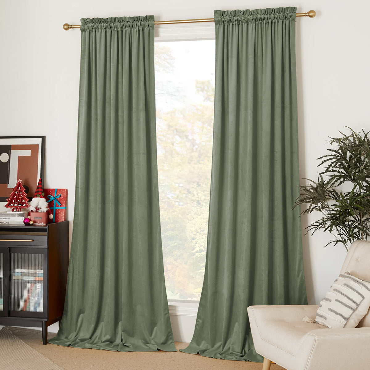 Nicetown Sage Green Velvet Curtains 102 Inches Long 2 Panels, Elegant And Sleek Velvet Drapes For Cinema, Hall, Theatre (52-Inch