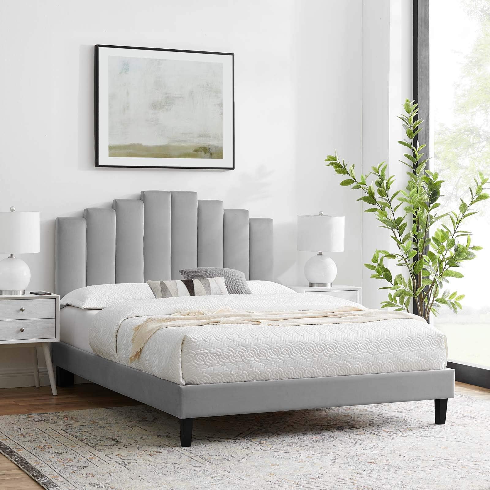 Modway Elise Channel Tufted Performance Velvet Full Platform Bed In White With Black Wood Legs, King, Light Gray