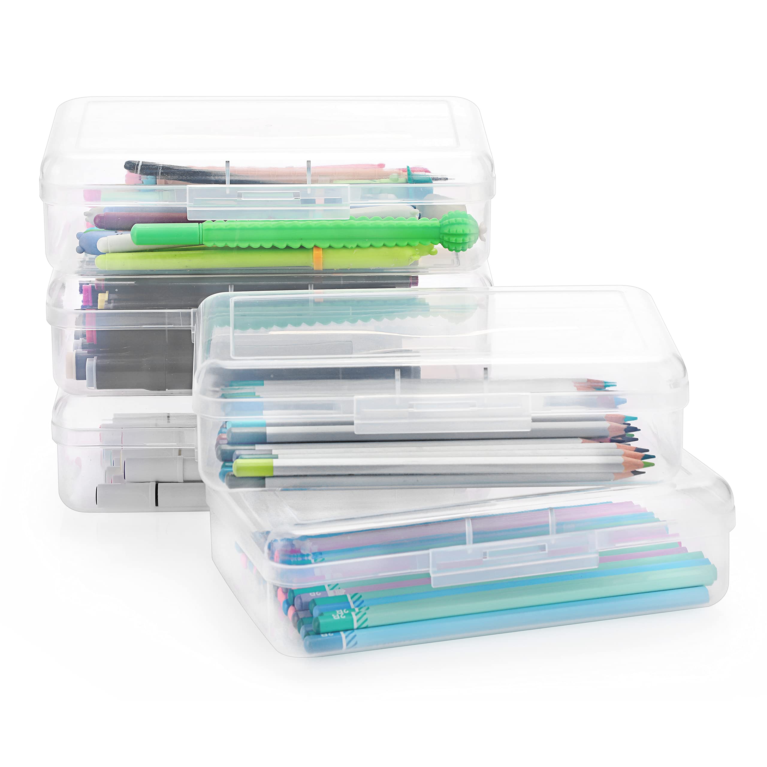 Btsky 5 Pack Multipurpose Utility Storage Box- Large Capacity Pencil Box Stackable With Snap Lid Closure Pencil Holder Plastic P