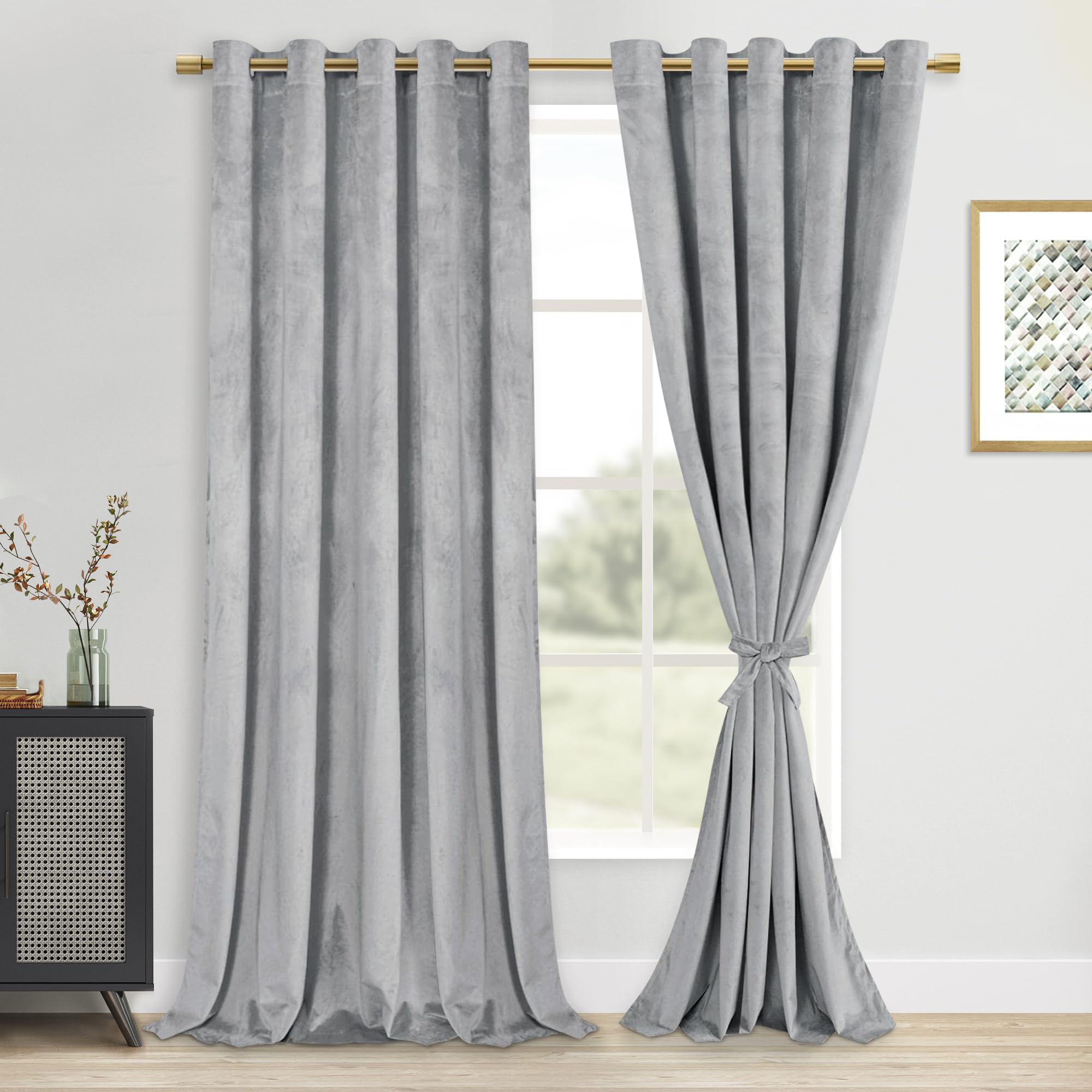 DWCN Velvet Curtains Extra Wide - 84 Inches Long Thick Grommet Tieable Window Treatments Room Darkening Privacy Protect Drapes f
