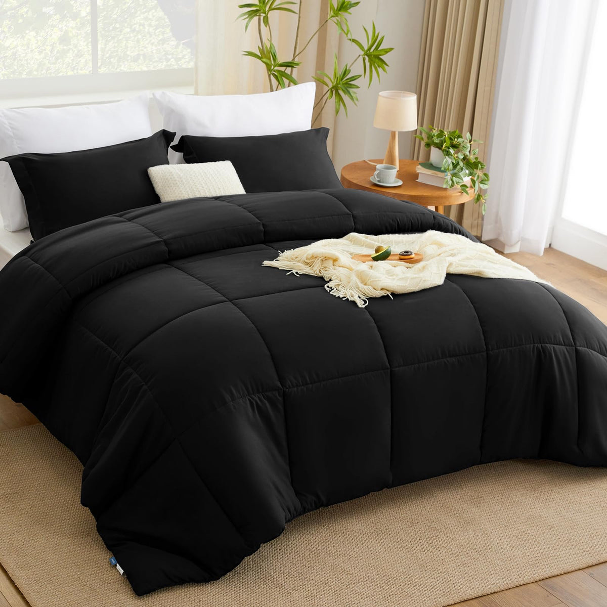 Cozylux Queen Size Comforter Sets - Black Comforter Queen Size, 3 Pieces Box Stitched Bed Set For All Seasons, Soft Lightweight Bedding Sets With 1 Down Alternative Comforter And 2 Pillow Shams