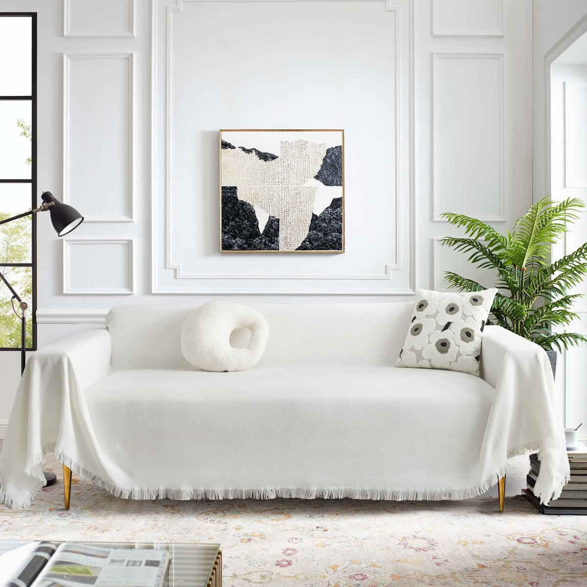 Meetsky White Couch Cover Sofa Slipcover For Sectional Sofa Covers Protector Universal Use Cotton Blend Thick Fabric Washable, W