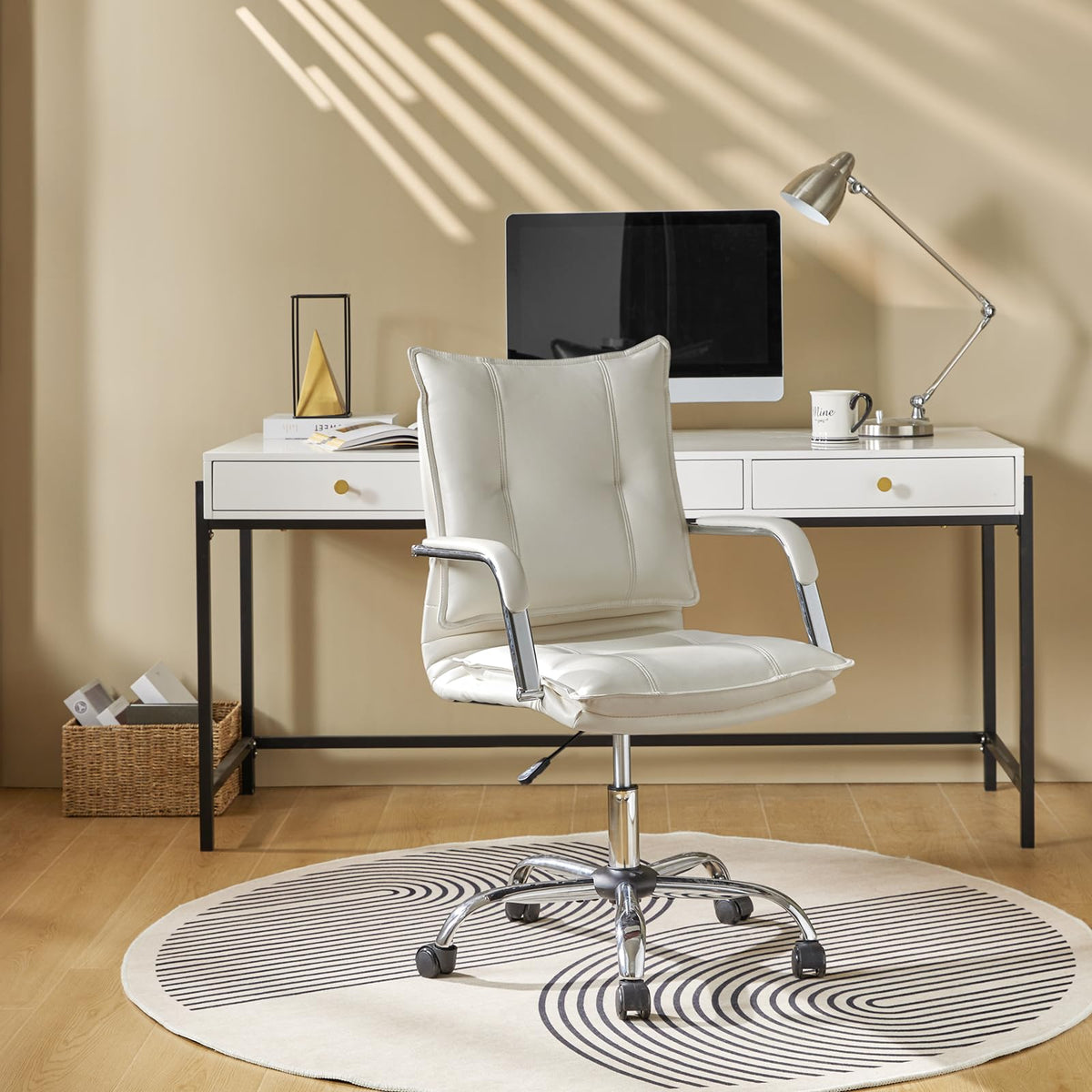 Hulala Home Faux Leather Home Office Desk Chair, Adjustable Swivel Computer Chair With Sliver Legs And Arms, Comfy Upholstered Task Chair(White)
