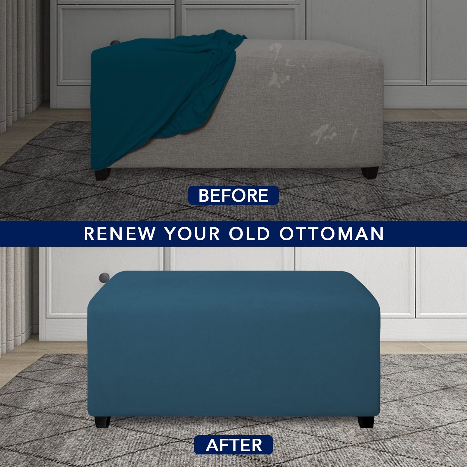Purefit Super Stretch Soft Form Fit Ottoman Cover Rectangle - Ottoman Slipcovers For Foot Stool & Folding Storage Furniture For Living Room With Nonslip Elastic Bottom (Medium, Peacock Blue)