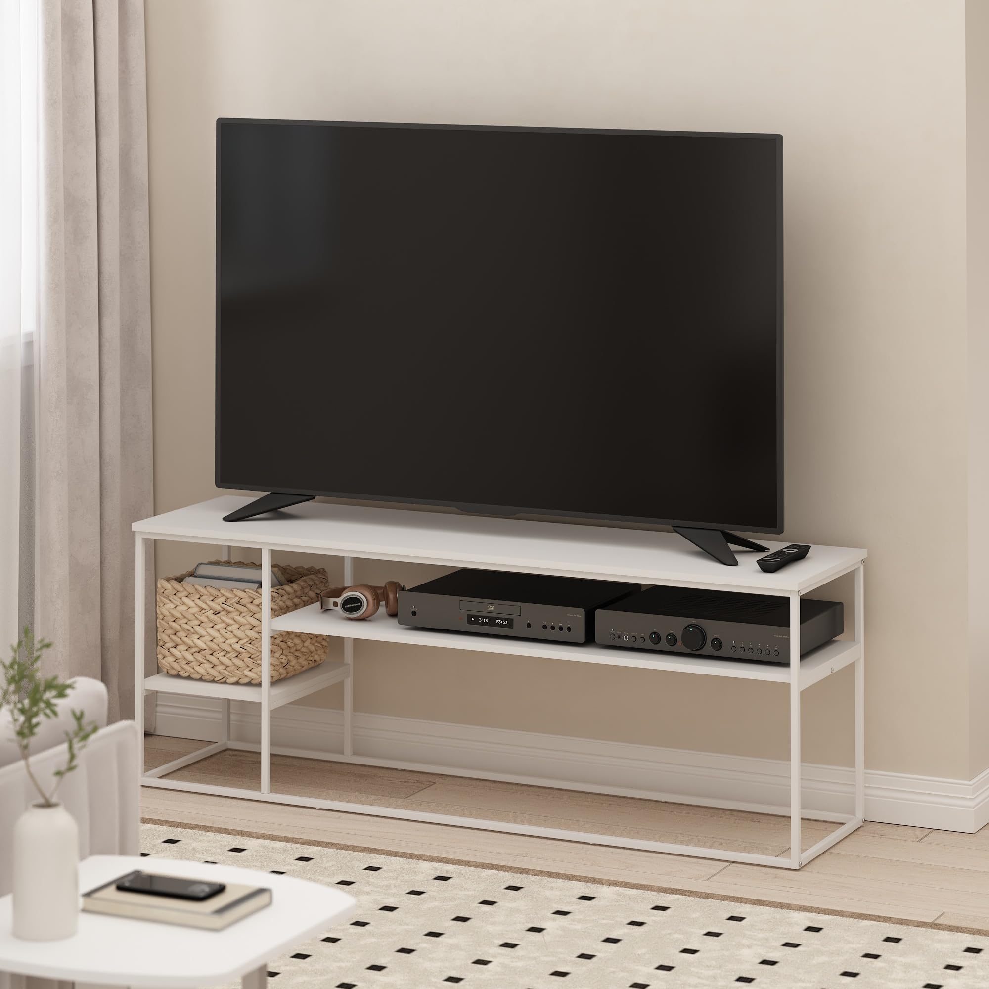 Furinno Moretti Modern Lifestyle TV Stand for TV up to 65 Inch, Solid White/White