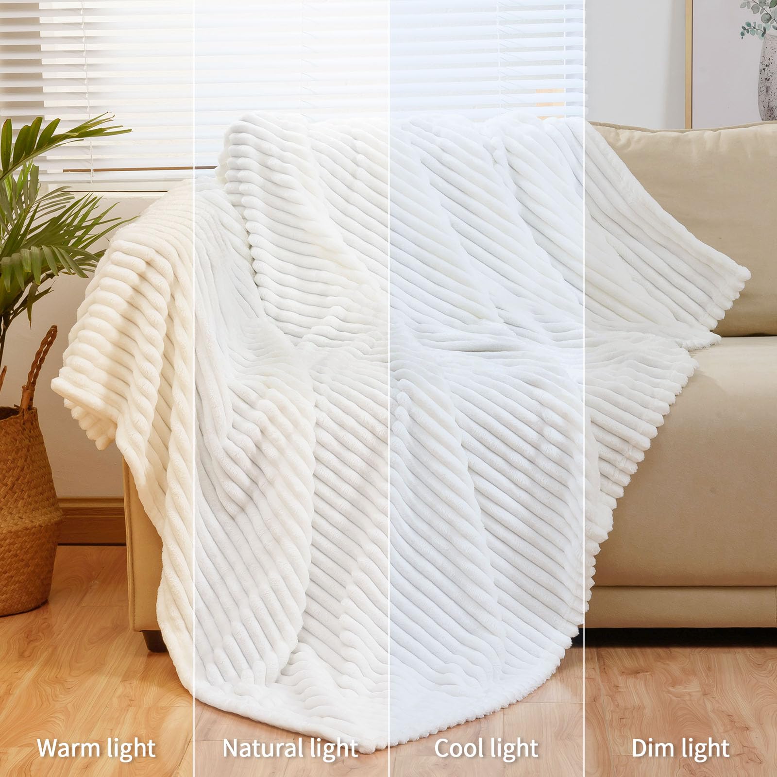 Bnuitland White Flannel Throw (60X80 Inches) With Storage Pouch,300Gsm Super Soft Fleece Stripe Pattern Sofa Blanket For Adults,