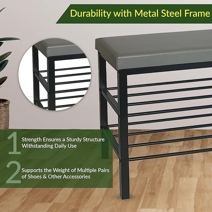 Entryway Shoe Storage Bench with Cushioned Seat, 3-Tier Shelf, Black Steel