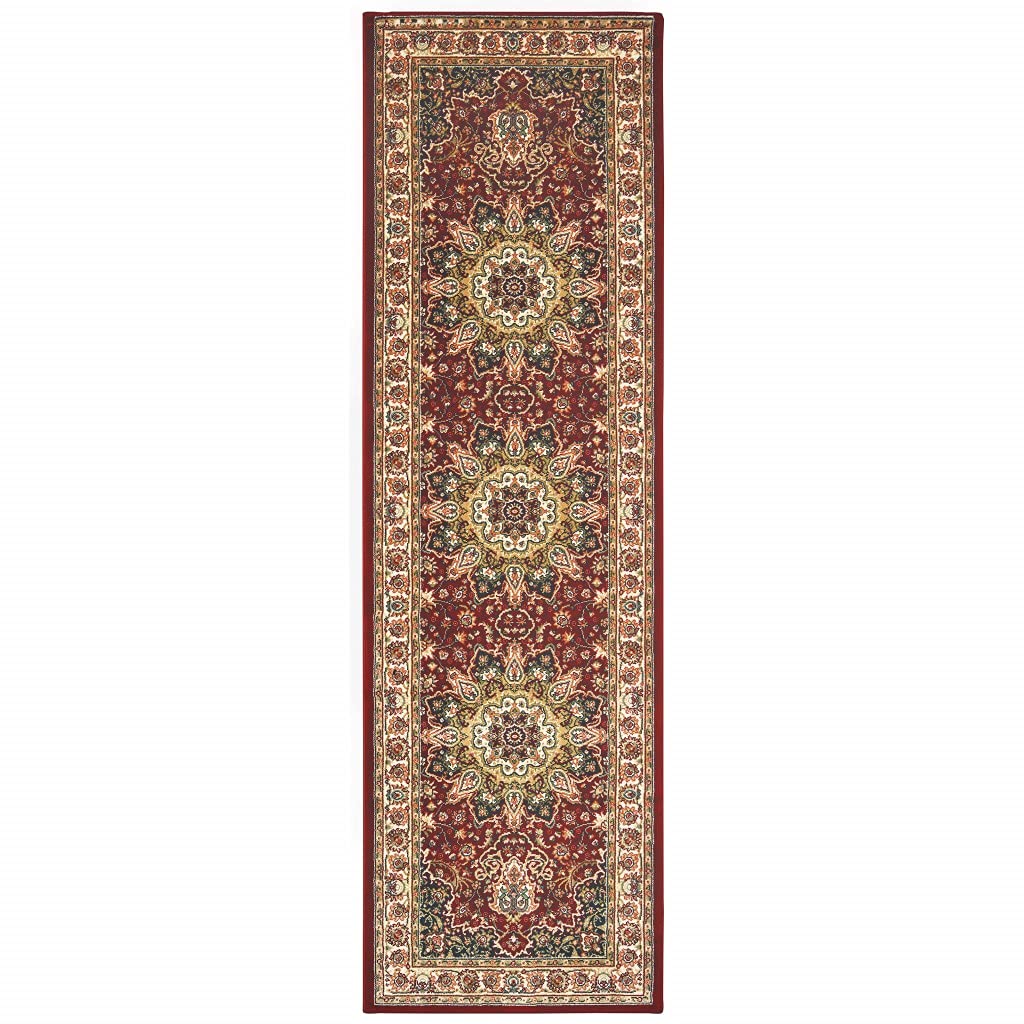 HomeRoots Polypropylene 8' Red Ivory Machine Woven Oriental Indoor Runner Rug