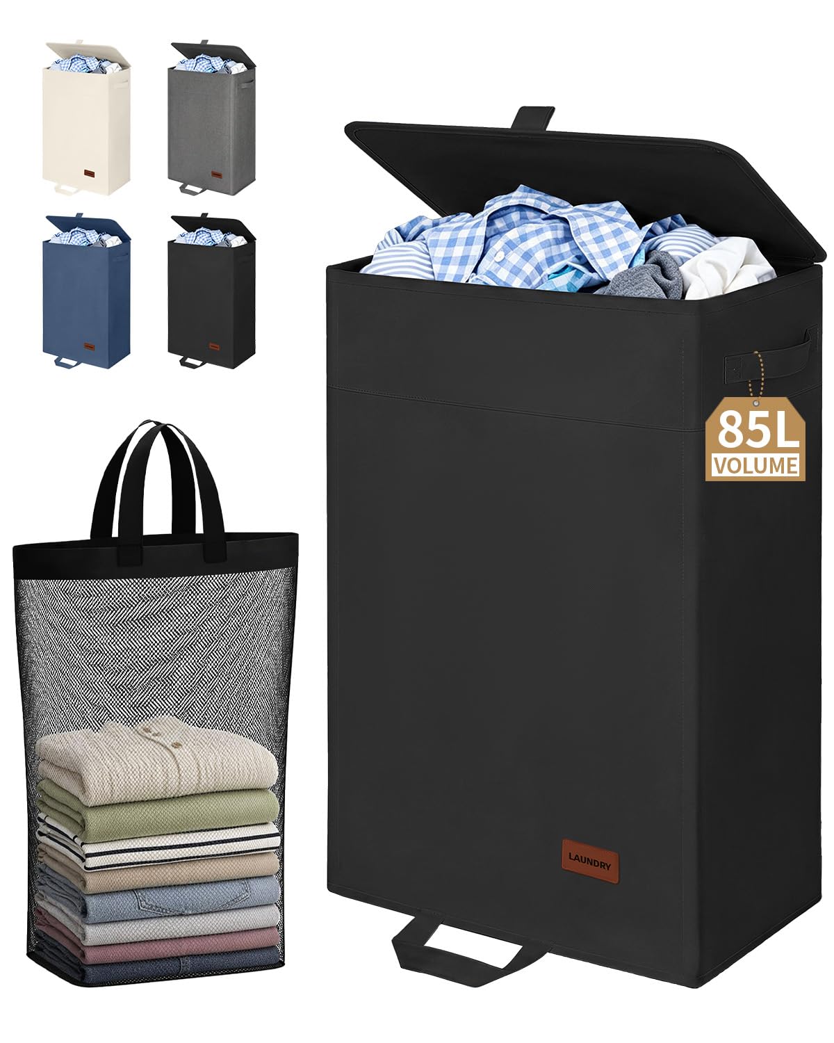 Hosynwin 85L Laundry Hamper with Lid, Large Clothes Hamper, Black