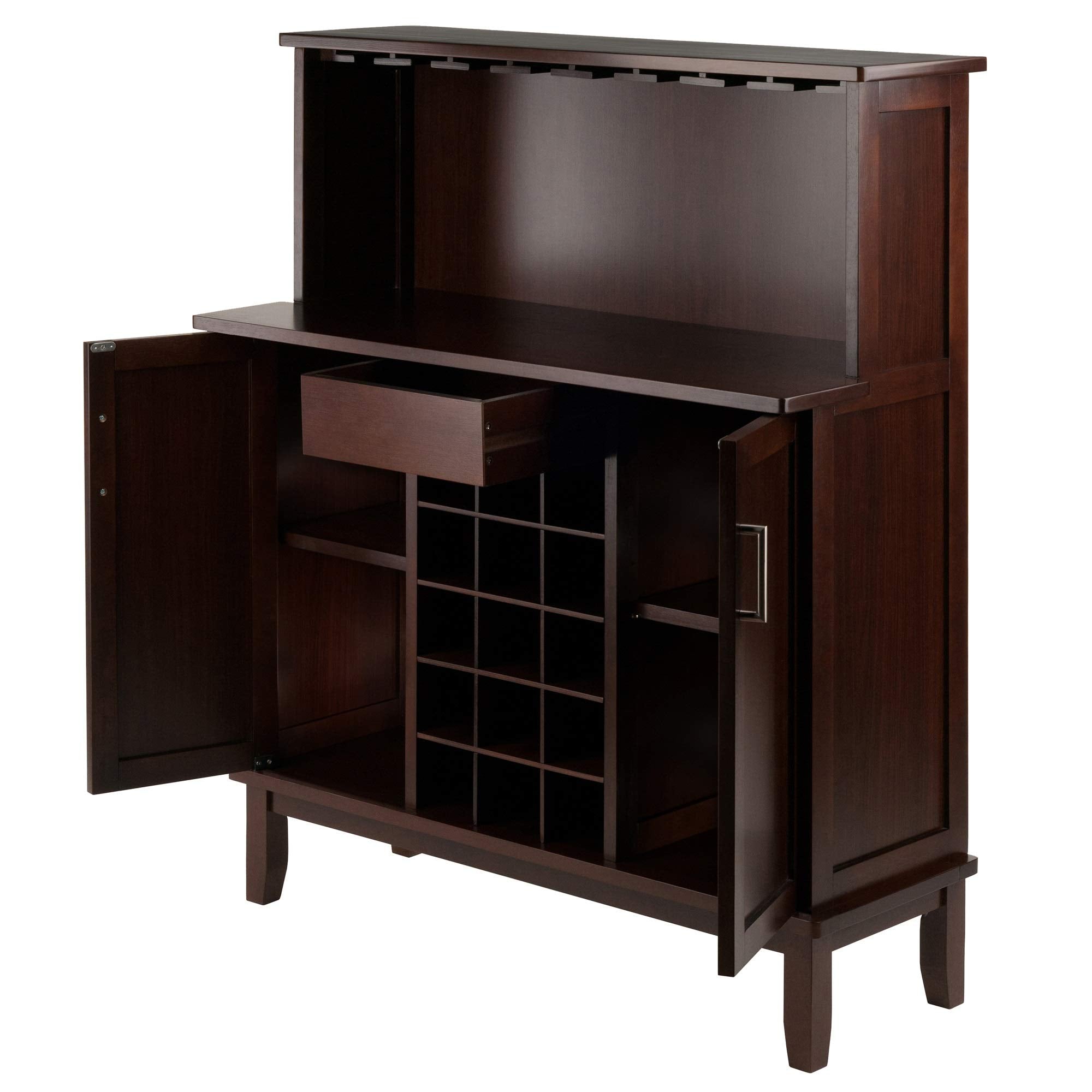 Ergode Wood Beynac Wine Bar - Buffet Cabinet with Ample Storage for Wine, Glassware, and Bar Accessories - Cappuccino Finish - 38.35' W x 15.94' D x 44.57' H