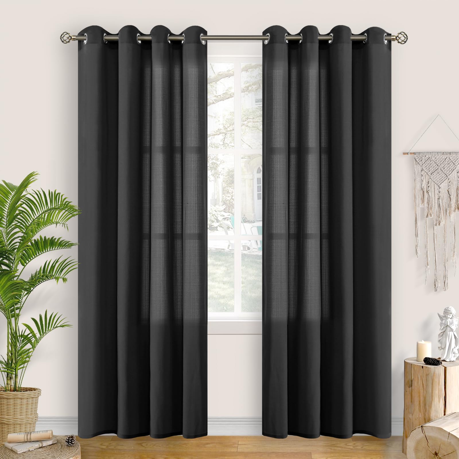 Bgment Black Sheer Curtains 84 Inches Long Curtains For Bedroom, Grommet Linen Look Semi Sheer Light Filtering Casual Textured P