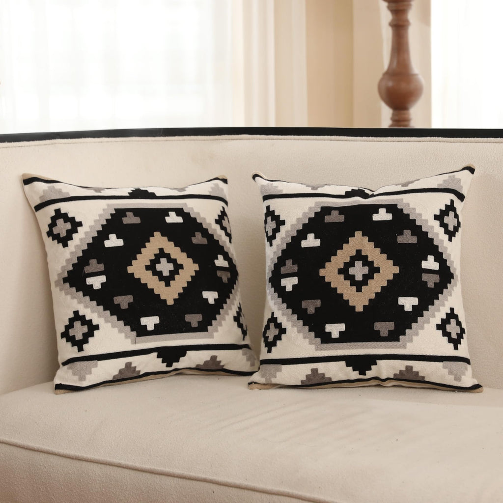 Ikatyarn Pack Of 2 Black White Gray Brown Southwestern Embroidery Throw Pillow Cover, Boho Tribal Geometric Pillowcase, Modern F
